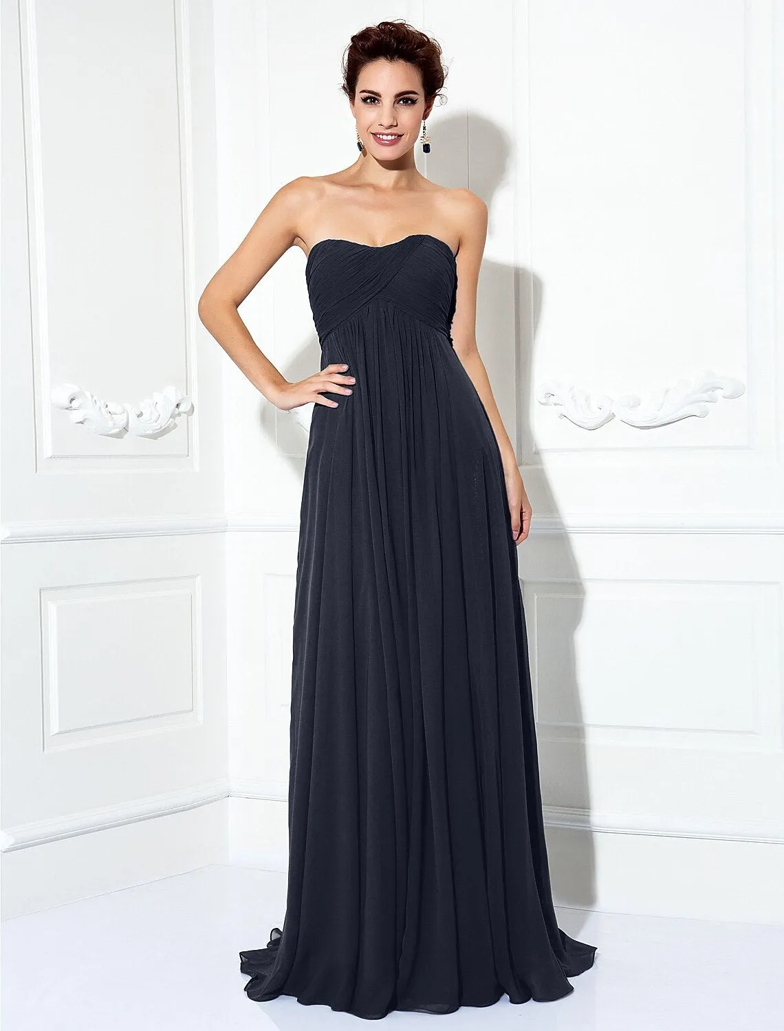 A-Line Minimalist Dress Wedding Guest Sweep / Brush Train Sleeveless Strapless Chiffon with Pleats Ruched