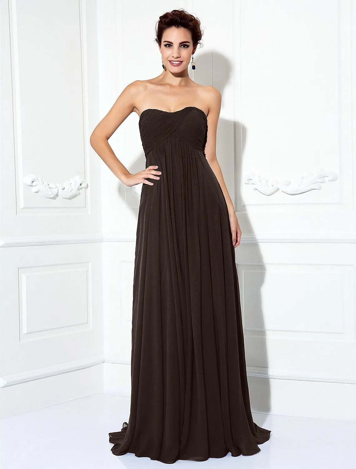 A-Line Minimalist Dress Wedding Guest Sweep / Brush Train Sleeveless Strapless Chiffon with Pleats Ruched