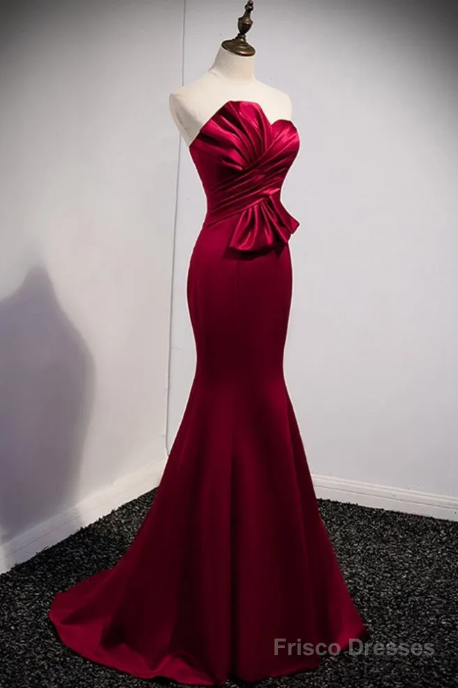 A Noble And Minimalist Wine Red Sleeveless Off Shoulder Ball Dress With Wine Red Strapless Backless Straps And Ground Length Fishtail Evening Dress