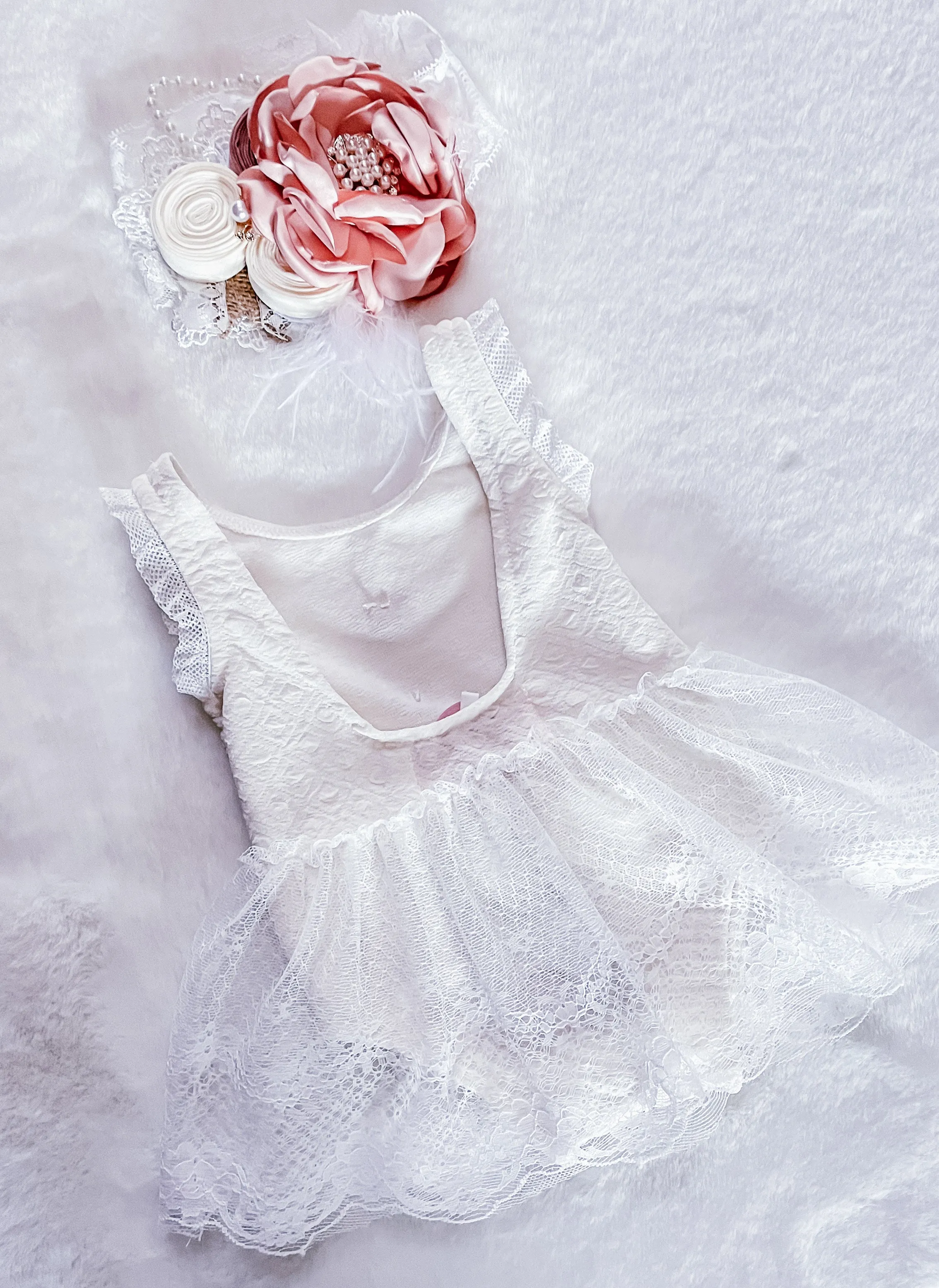 Baby Girls White Lace Sleeveless Skirted Romper with Pearl Button Details