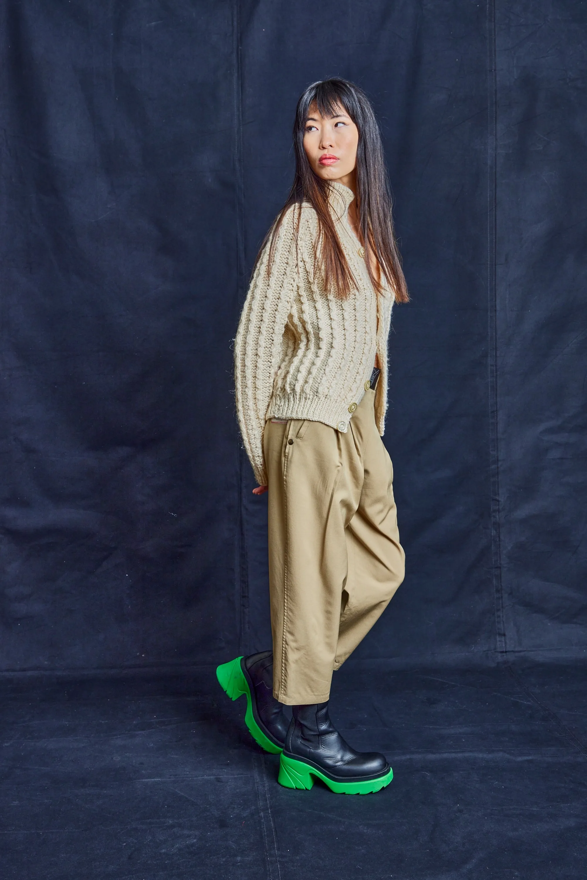 Beige Pleated Cropped Trousers