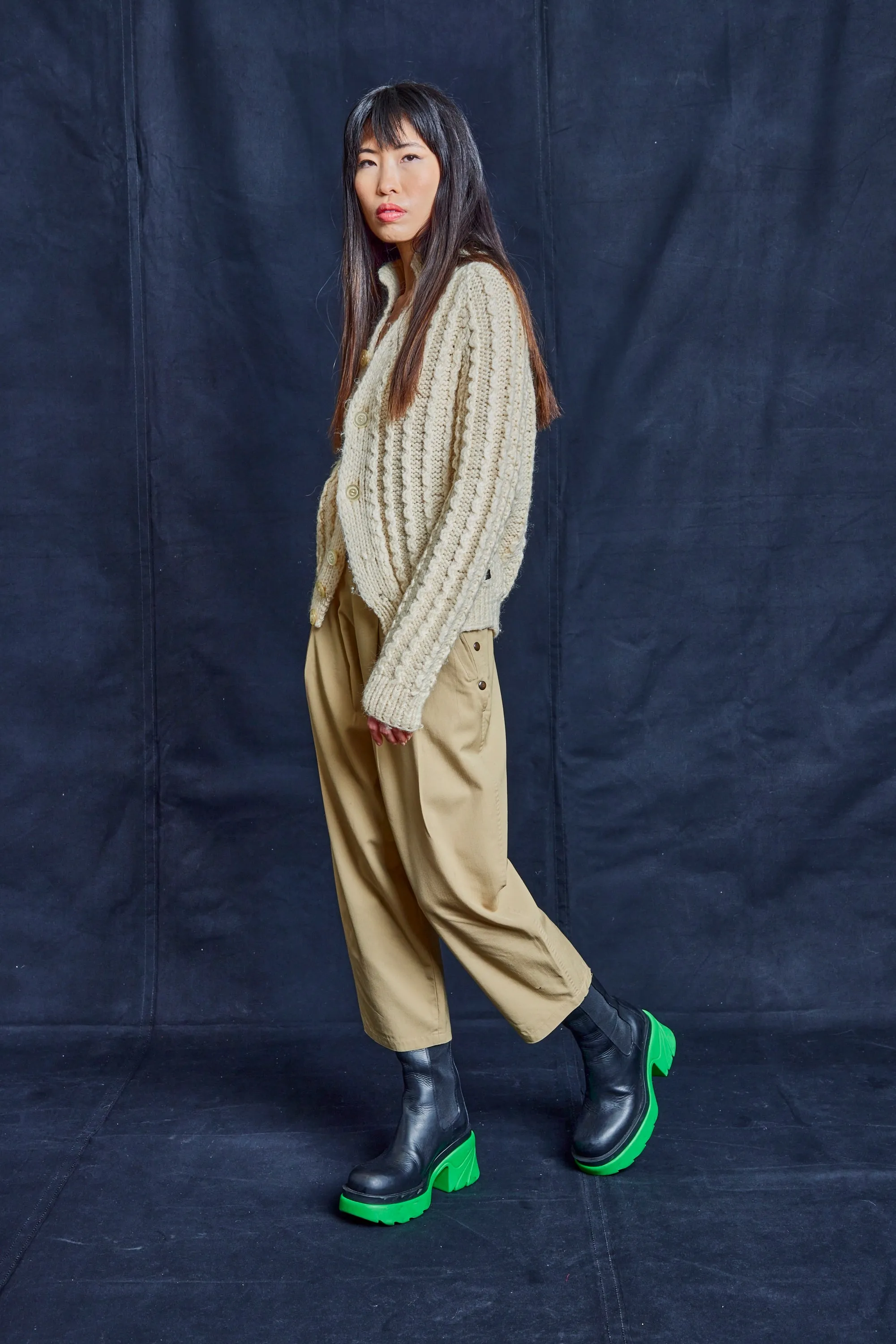 Beige Pleated Cropped Trousers
