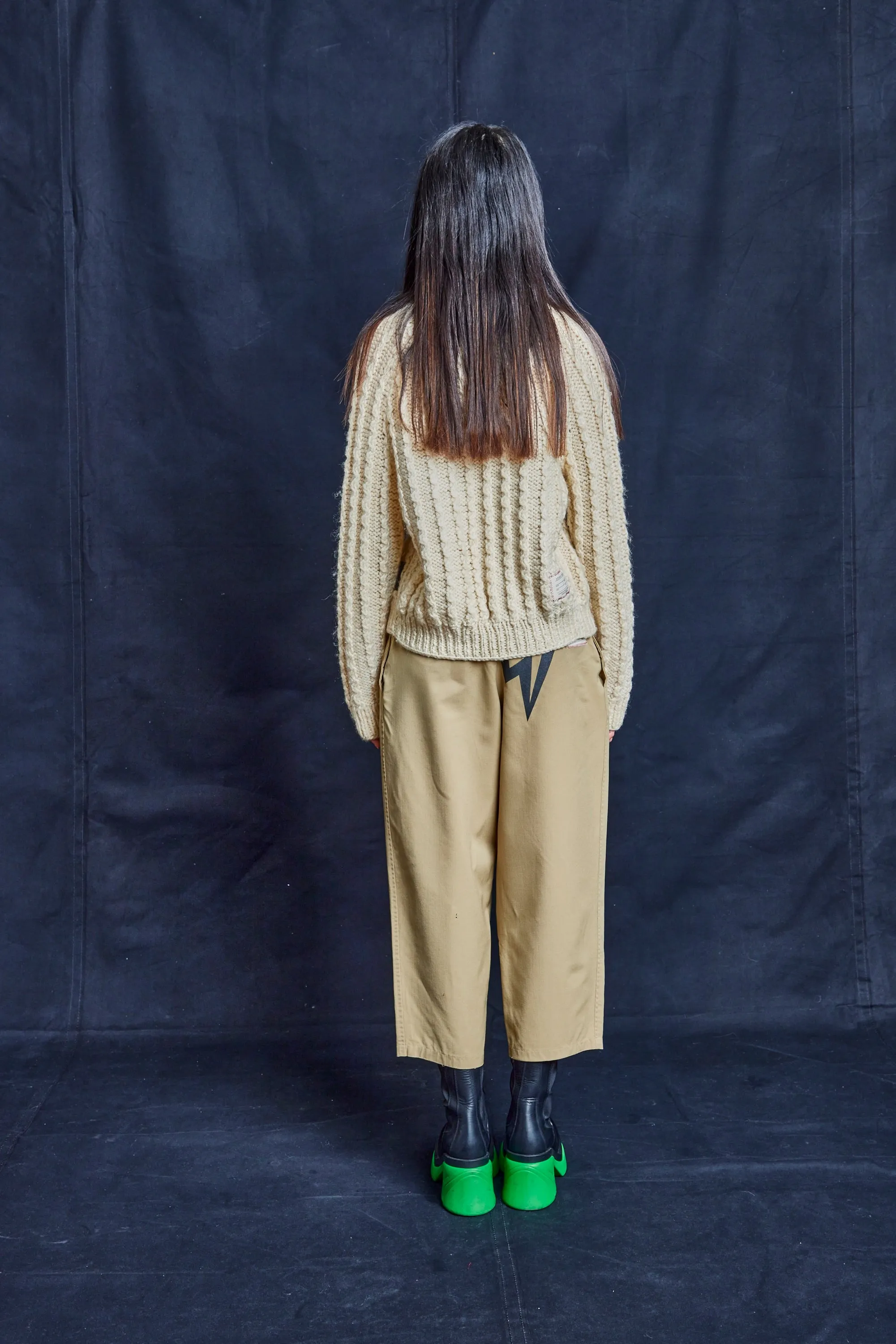 Beige Pleated Cropped Trousers