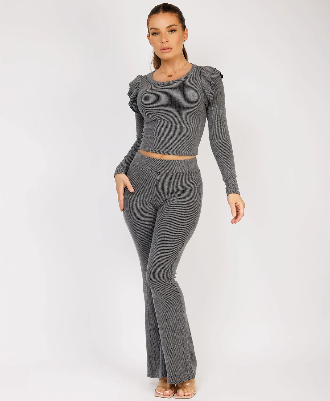 Charcoal Grey Ribbed Frill Shoulder Long Sleeve Top & Flared Trouser Set
