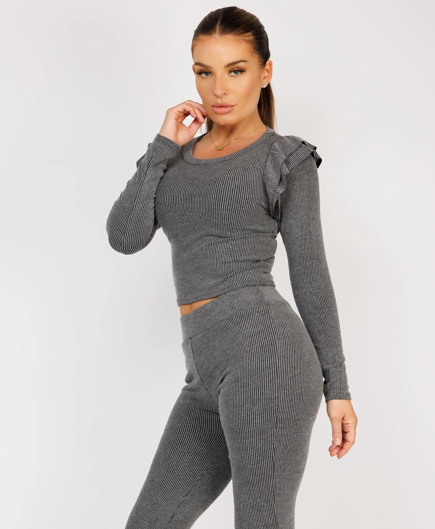 Charcoal Grey Ribbed Frill Shoulder Long Sleeve Top & Flared Trouser Set