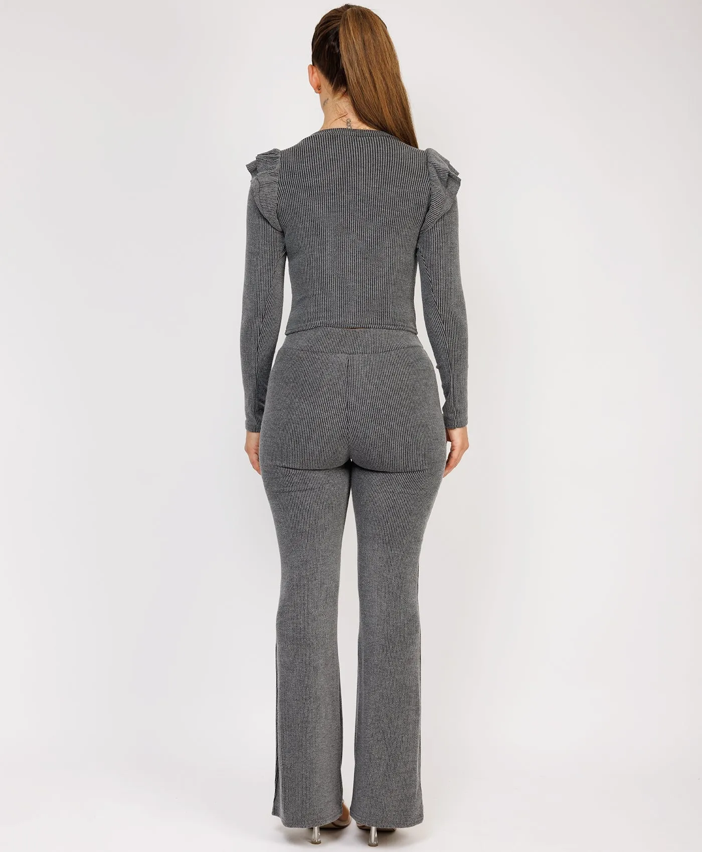 Charcoal Grey Ribbed Frill Shoulder Long Sleeve Top & Flared Trouser Set