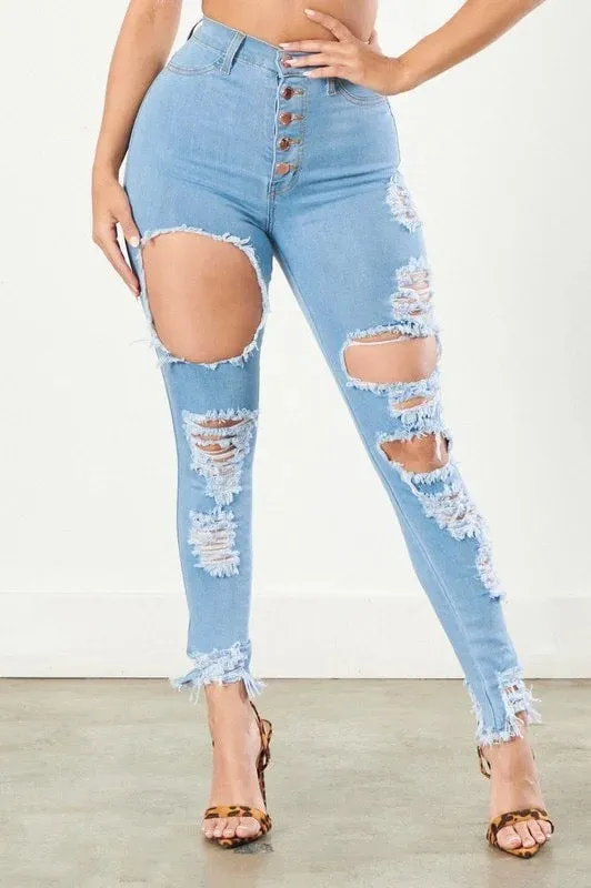 Classic 5 Button Distressed Skinny Jeans