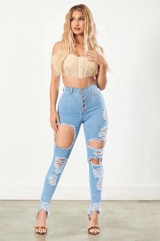Classic 5 Button Distressed Skinny Jeans