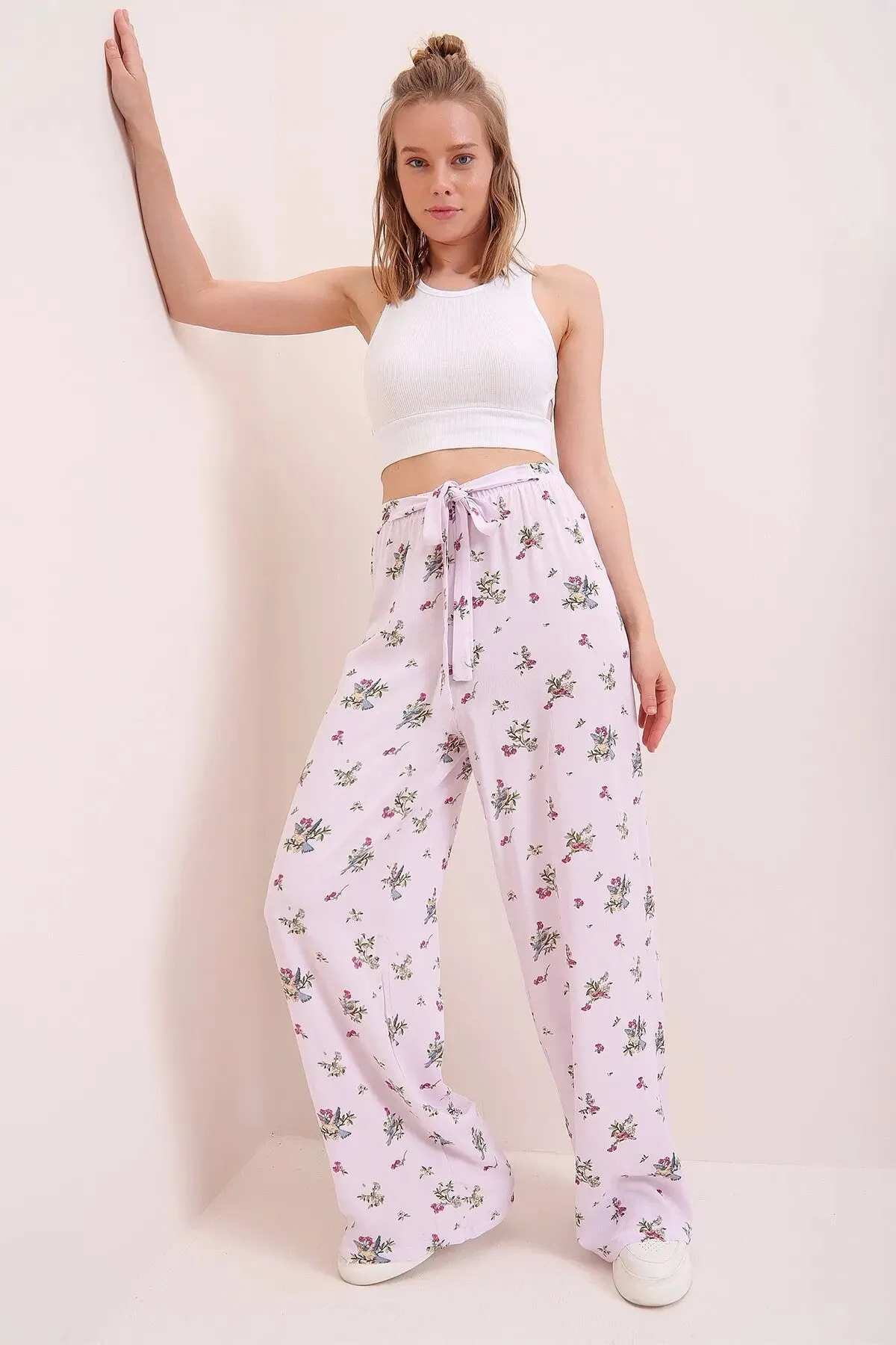 Colorful Boho Casual Fit Women's Trousers,Floral and Traditional Patterned,Elastic Waist,High Waist,Lace Detail,Loose Wide Leg Pant