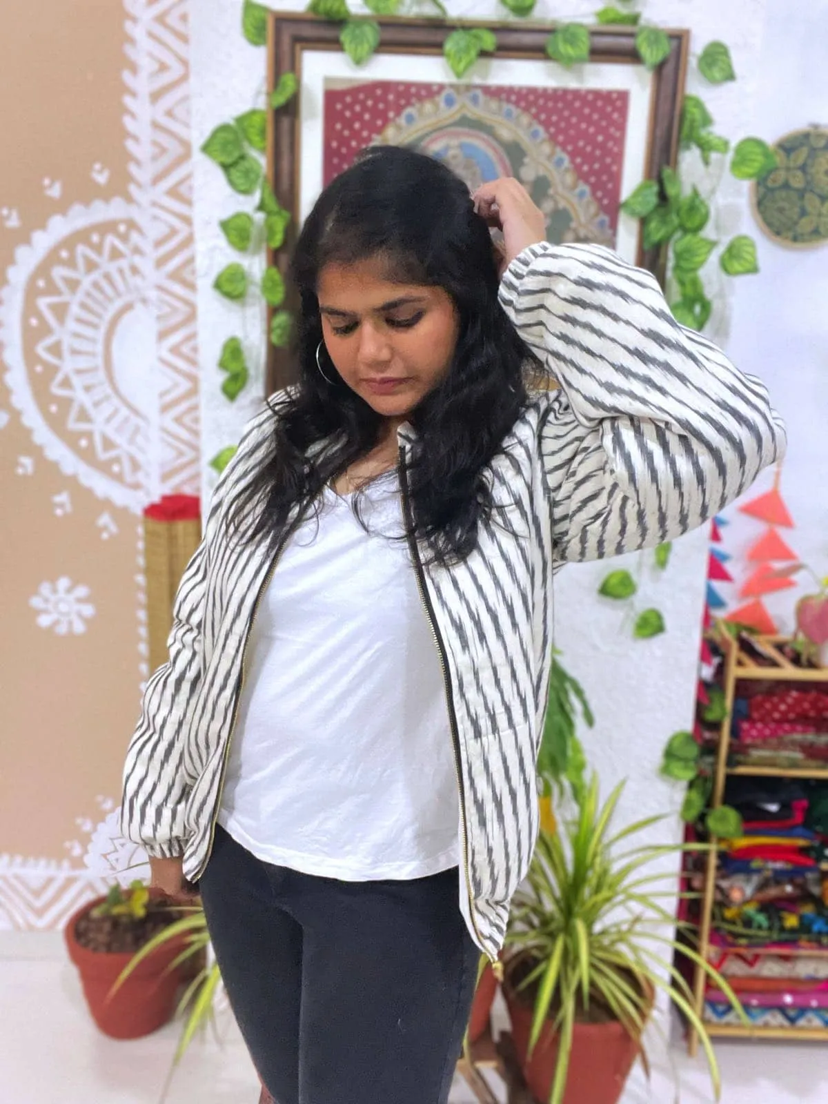 Cream Ikat Unisex Bomber Jacket
