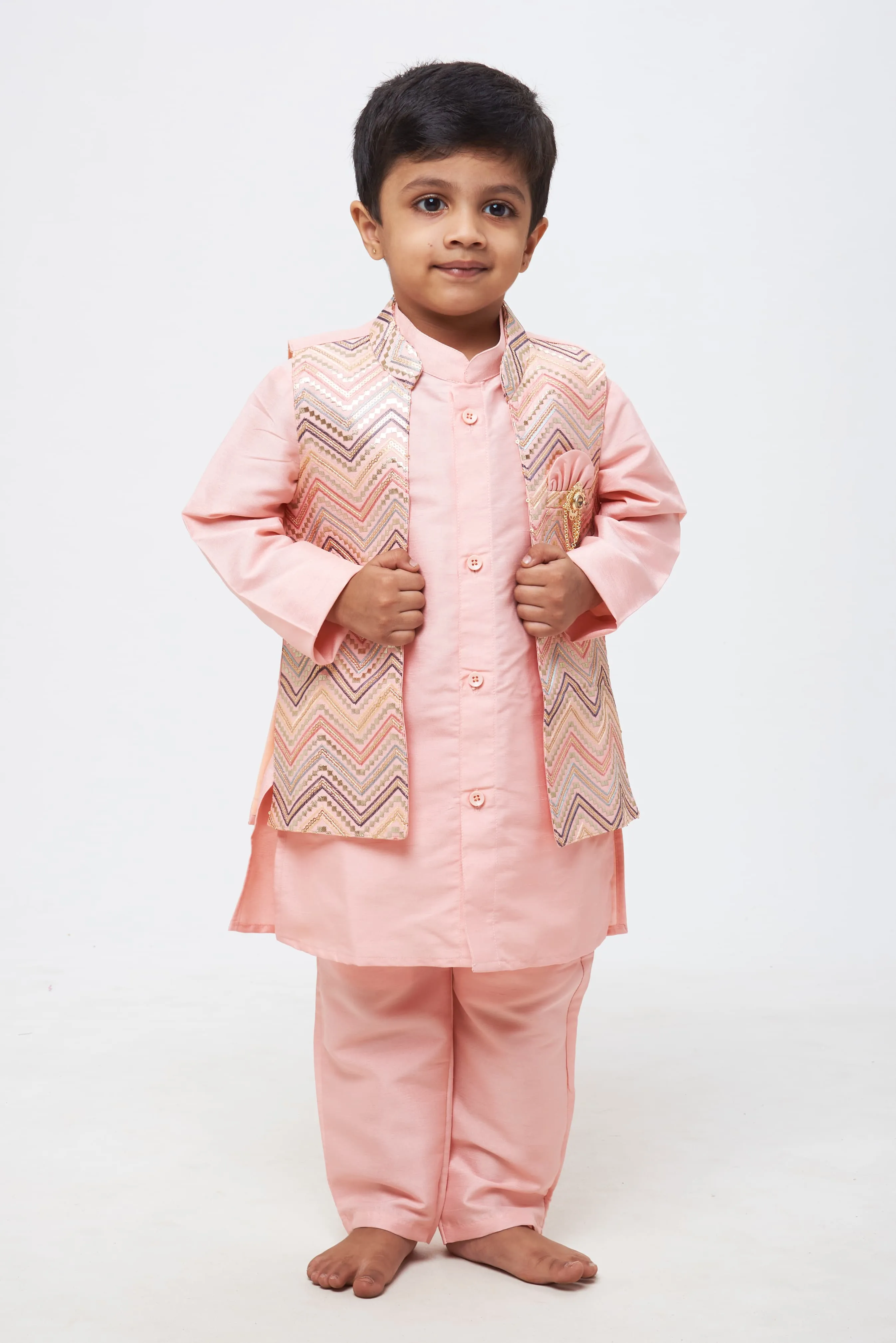 Elegant Ensemble: Boys Pink Kurta and Pant with Overcoat Jacket Sequin Embroidered