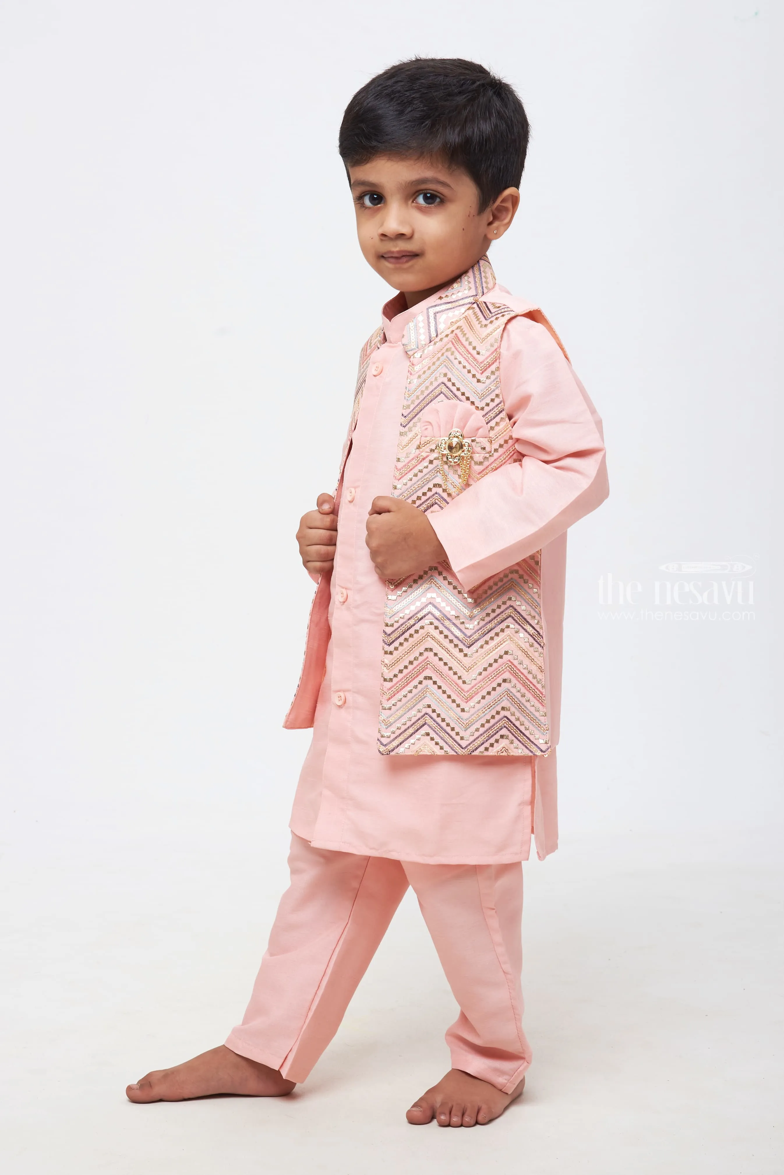 Elegant Ensemble: Boys Pink Kurta and Pant with Overcoat Jacket Sequin Embroidered