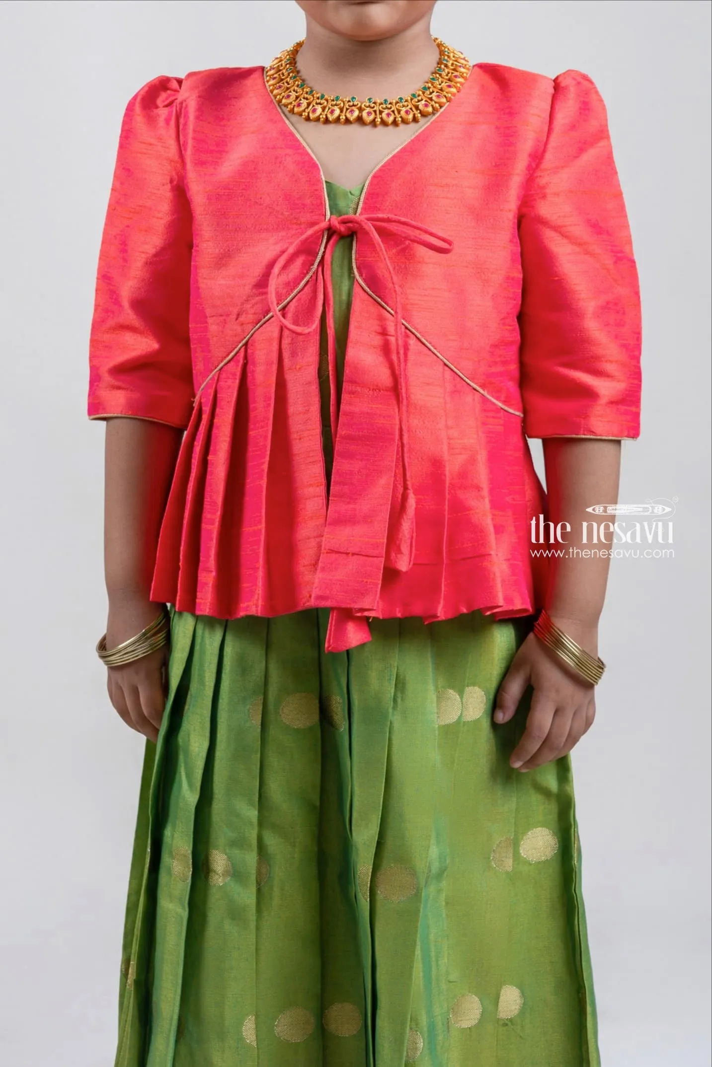 Gorgeous Red Semi-Silk Overcoat and Green Kanchivaram Designer Silk Anarkali Dress
