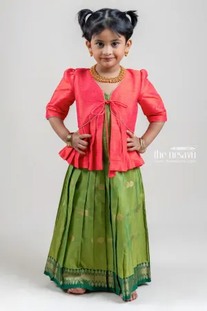 Gorgeous Red Semi-Silk Overcoat and Green Kanchivaram Designer Silk Anarkali Dress