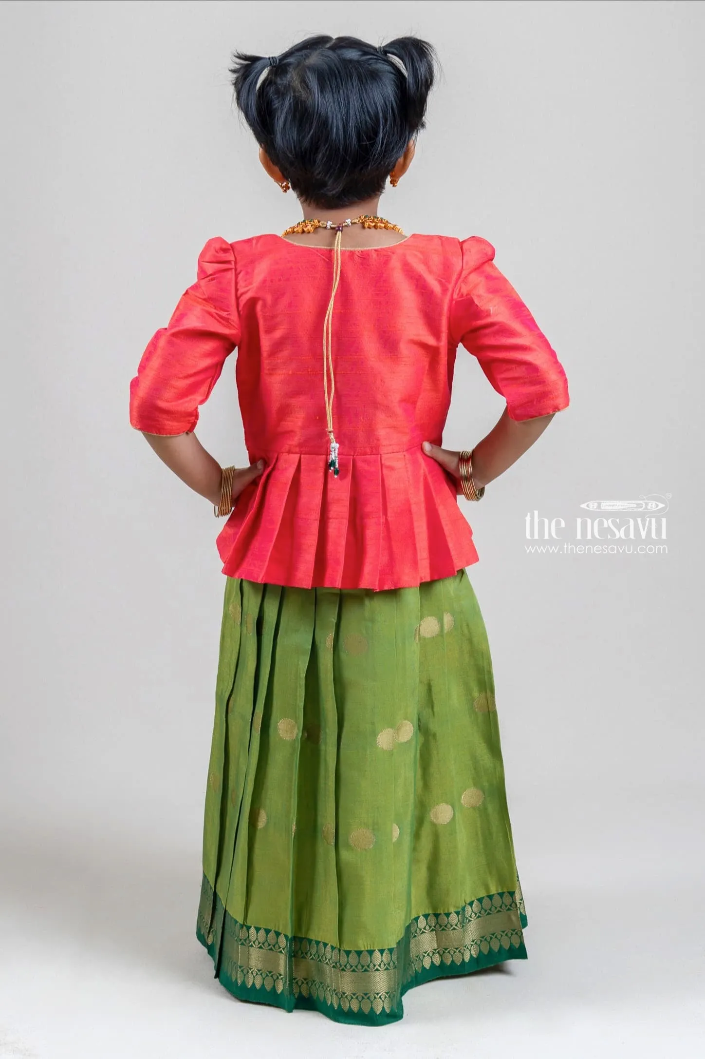 Gorgeous Red Semi-Silk Overcoat and Green Kanchivaram Designer Silk Anarkali Dress