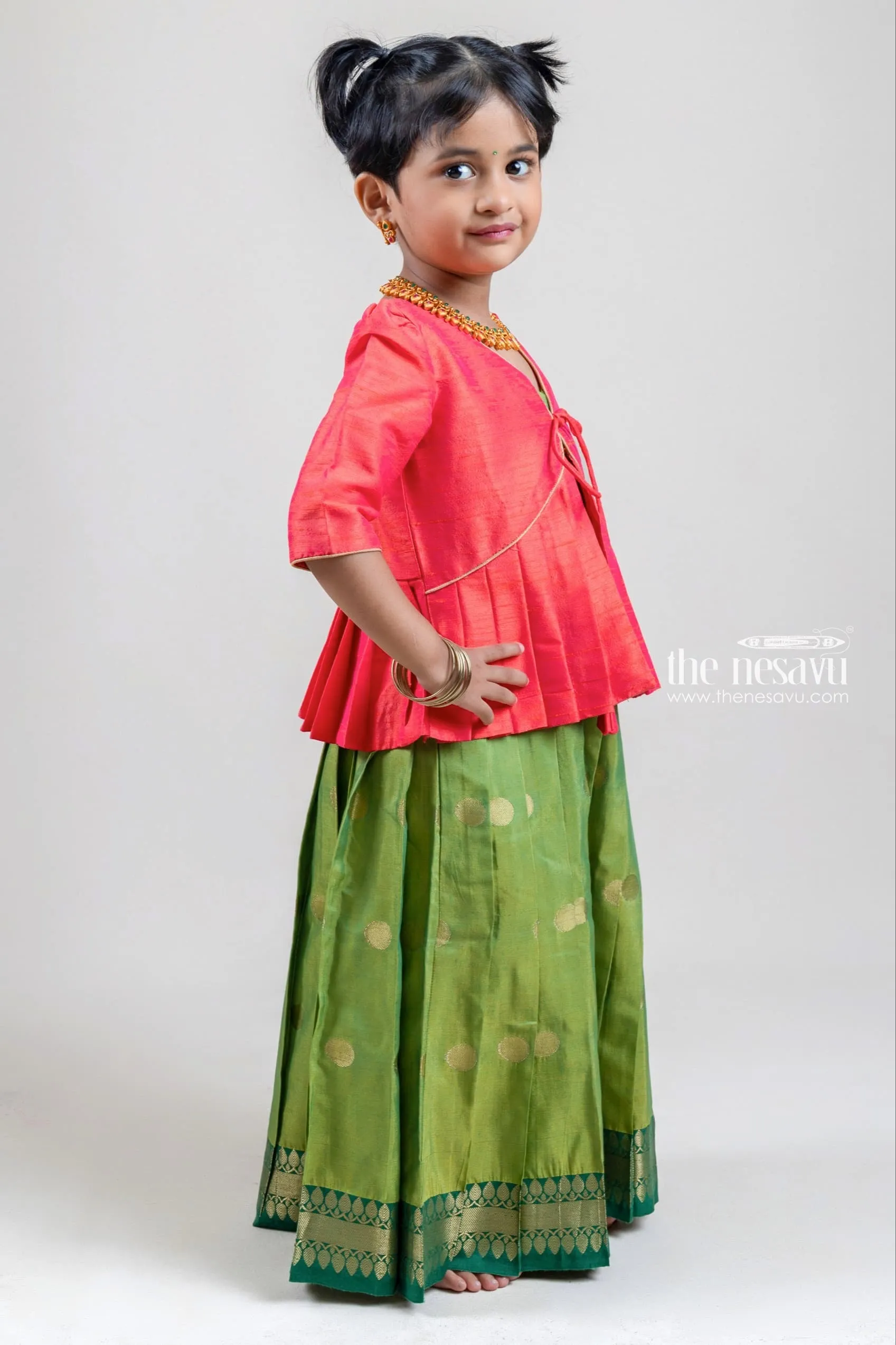 Gorgeous Red Semi-Silk Overcoat and Green Kanchivaram Designer Silk Anarkali Dress