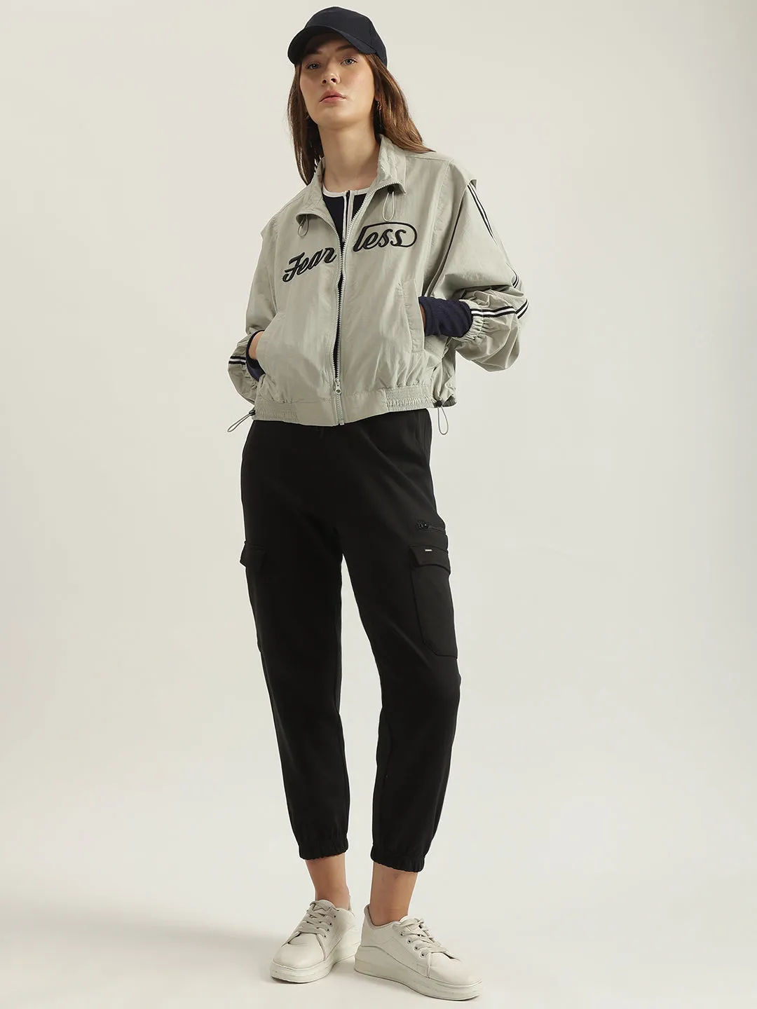 Iconic Women Grey Solid Stand Collar Full Sleeves Bomber Jacket