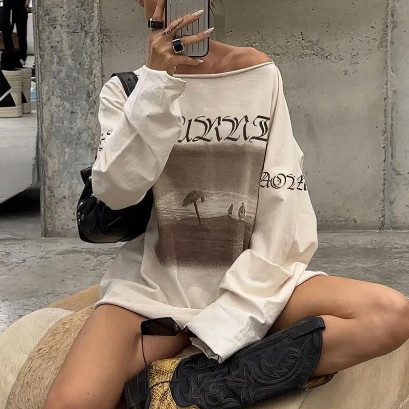 Idle Loose Retro Printed Off Shoulder Long Sleeve T Shirt Summer Diagonal Collar Sexy Casual Top