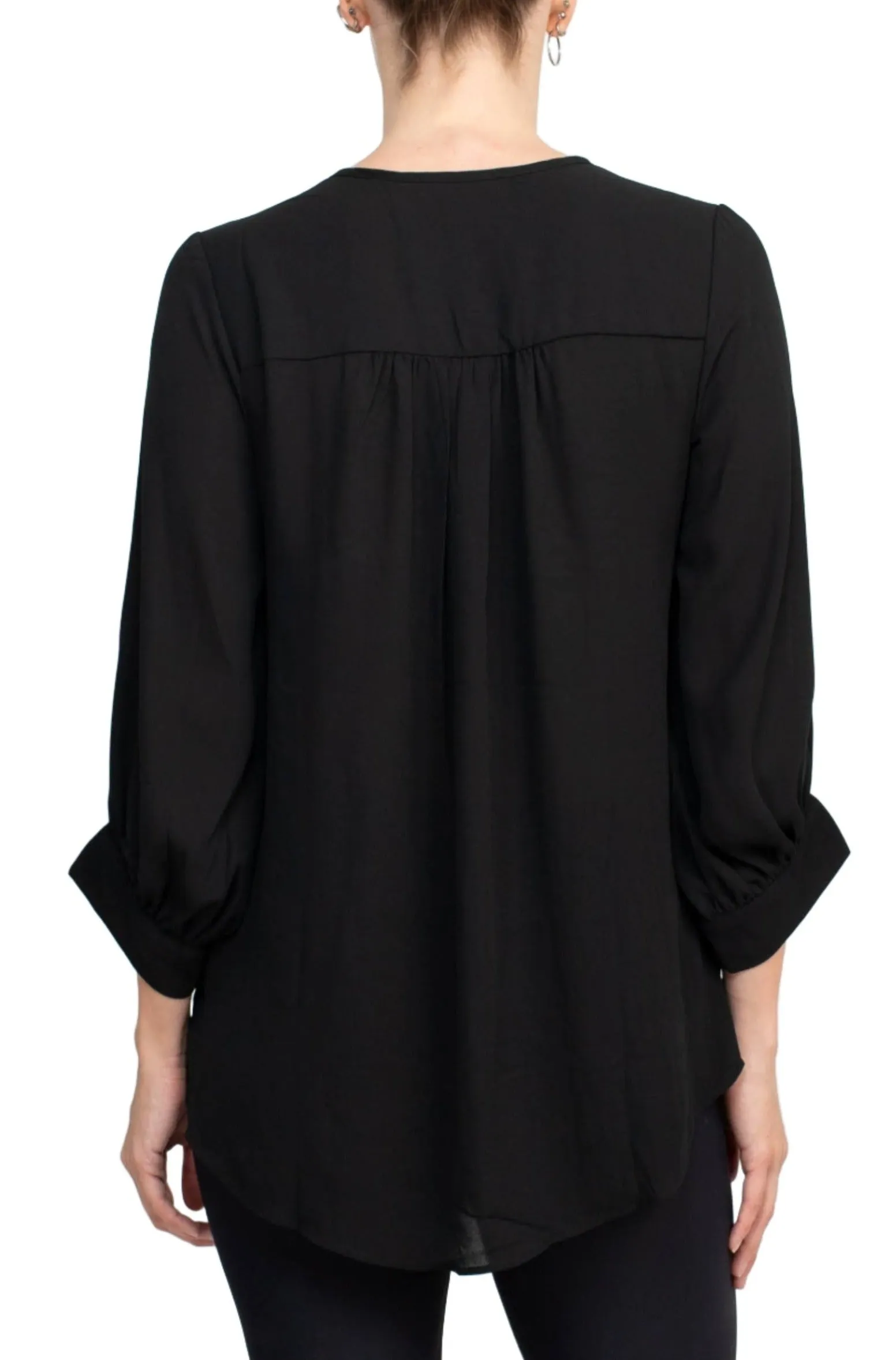 Joan Vass NY Crew Neck Tie Neck 3-4 Shirred Sleeve Front Panel Double Layer Crepe Top