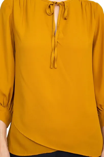 Joan Vass NY Crew Neck Tie Neck 3-4 Shirred Sleeve Front Panel Double Layer Crepe Top
