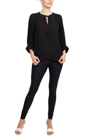 Joan Vass NY Crew Neck Tie Neck 3-4 Shirred Sleeve Front Panel Double Layer Crepe Top