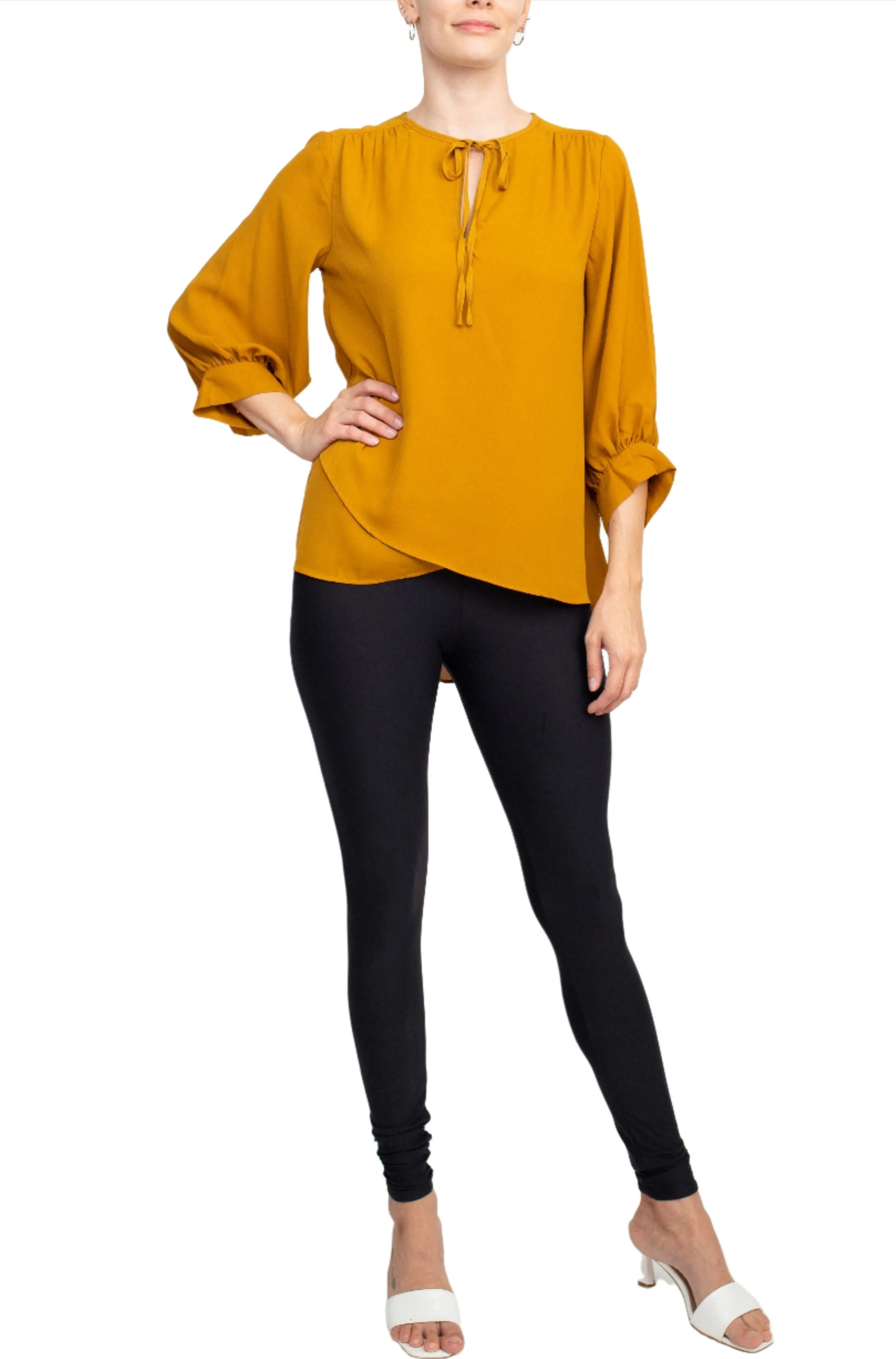 Joan Vass NY Crew Neck Tie Neck 3-4 Shirred Sleeve Front Panel Double Layer Crepe Top