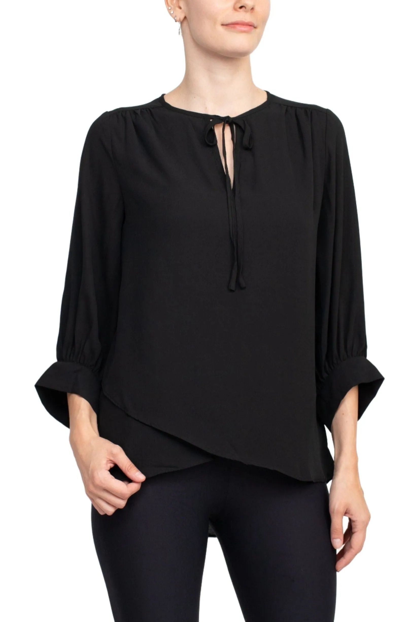 Joan Vass NY Crew Neck Tie Neck 3-4 Shirred Sleeve Front Panel Double Layer Crepe Top