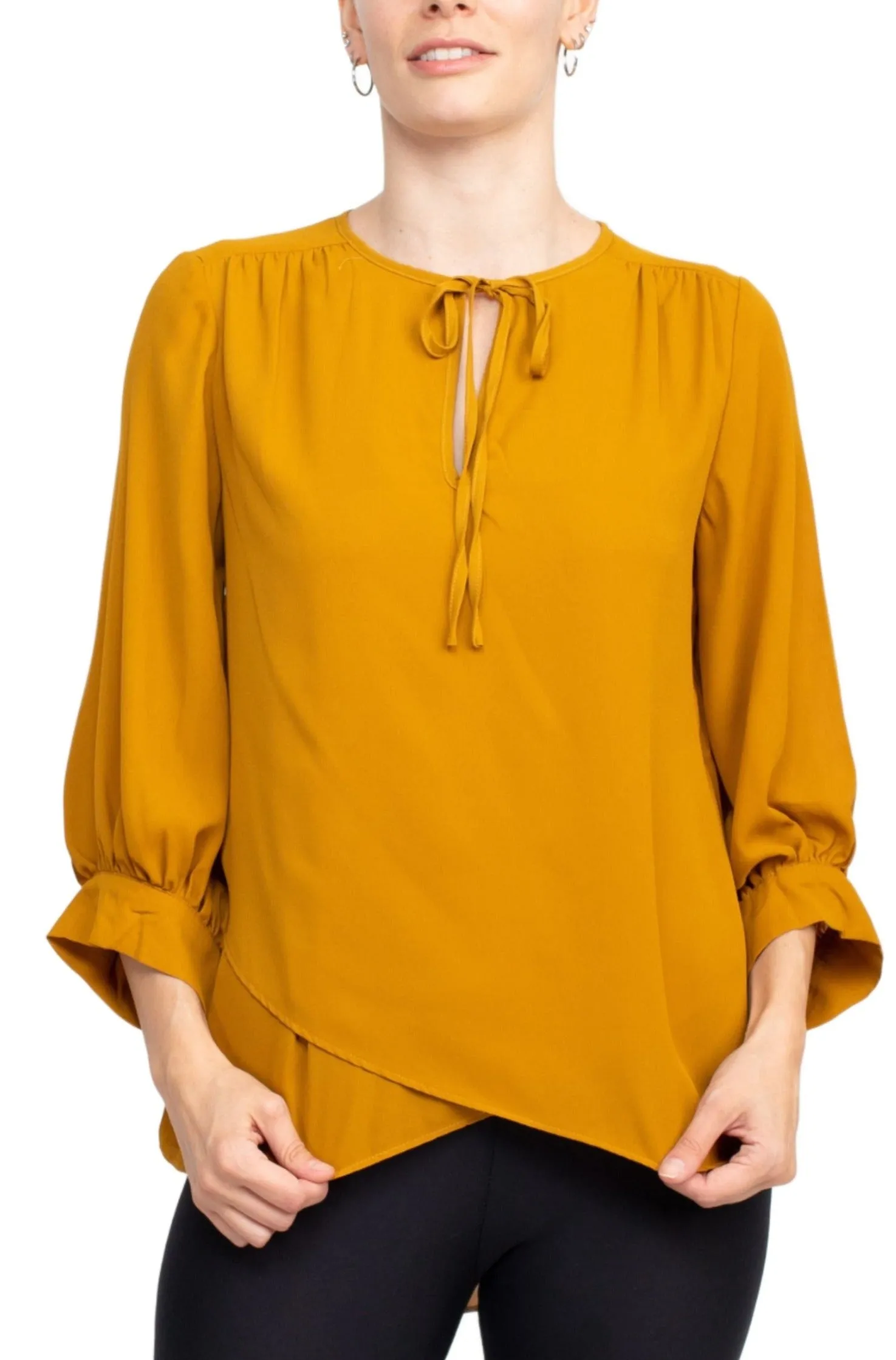 Joan Vass NY Crew Neck Tie Neck 3-4 Shirred Sleeve Front Panel Double Layer Crepe Top