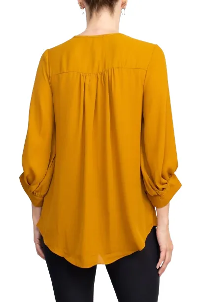 Joan Vass NY Crew Neck Tie Neck 3-4 Shirred Sleeve Front Panel Double Layer Crepe Top