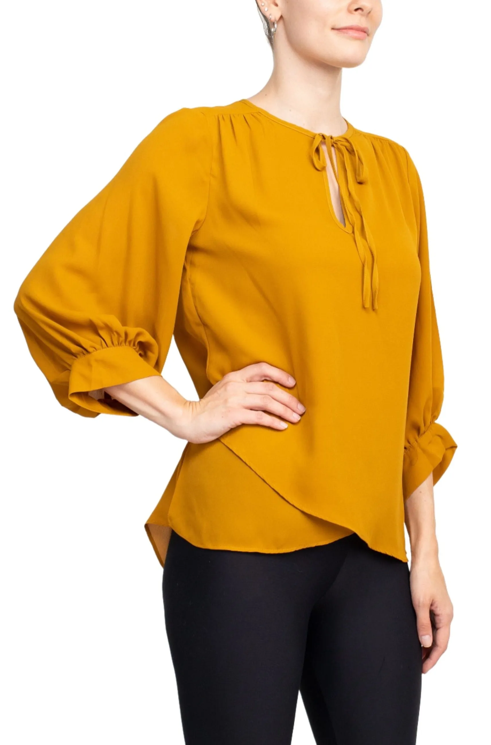 Joan Vass NY Crew Neck Tie Neck 3-4 Shirred Sleeve Front Panel Double Layer Crepe Top