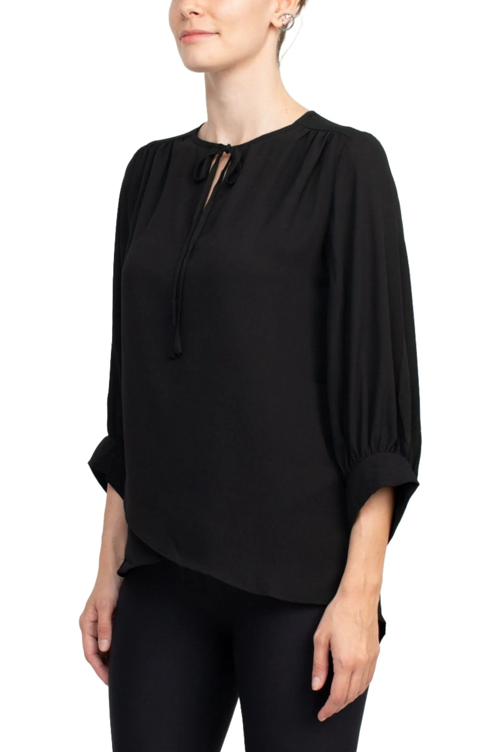 Joan Vass NY Crew Neck Tie Neck 3-4 Shirred Sleeve Front Panel Double Layer Crepe Top