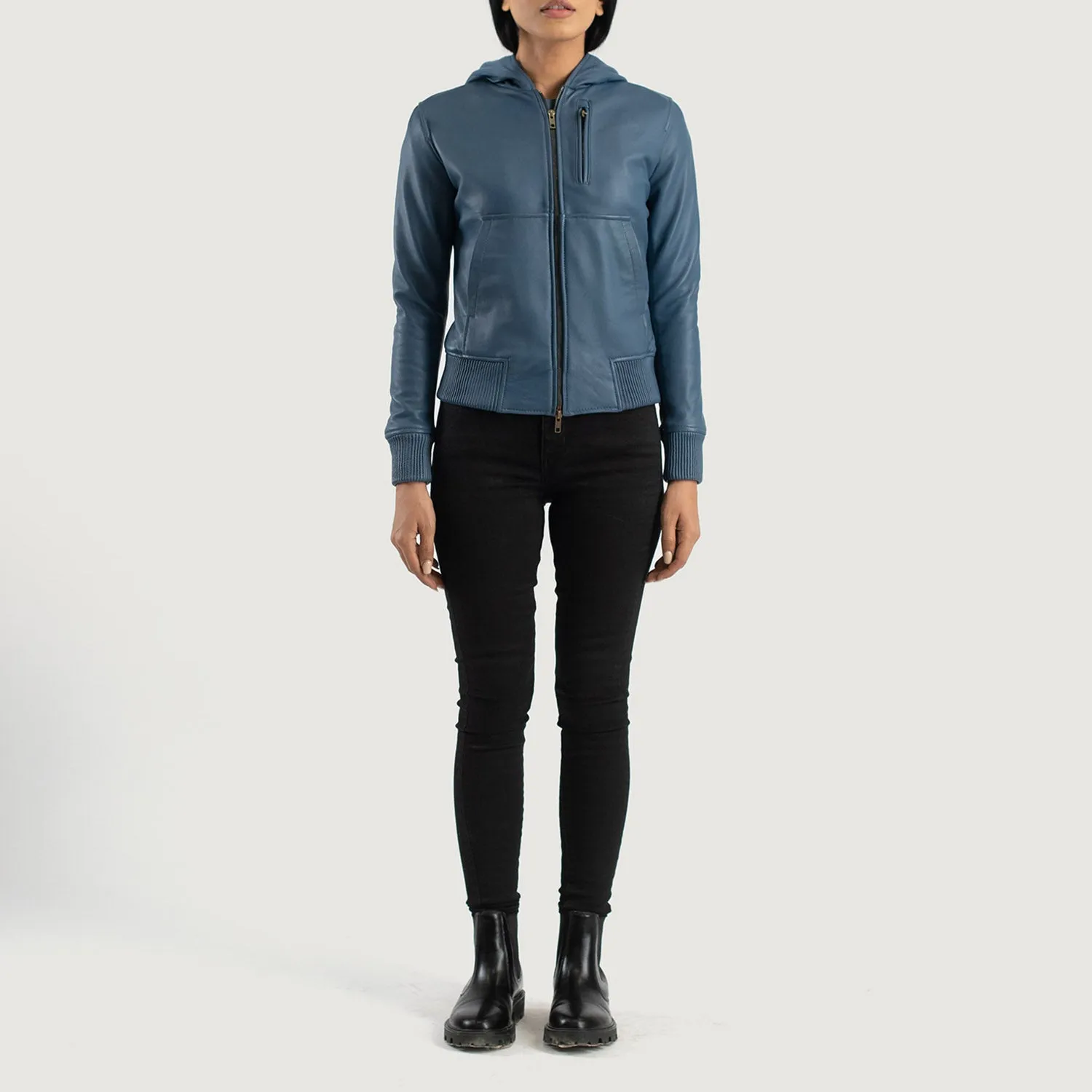 Luna Blue Hooded Leather Bomber Jacket