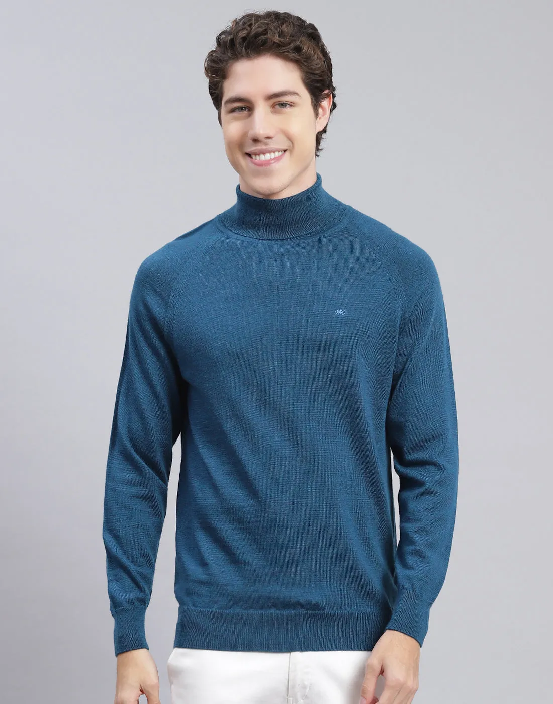 Men Teal Blue Solid High Neck Full Sleeve Pullover