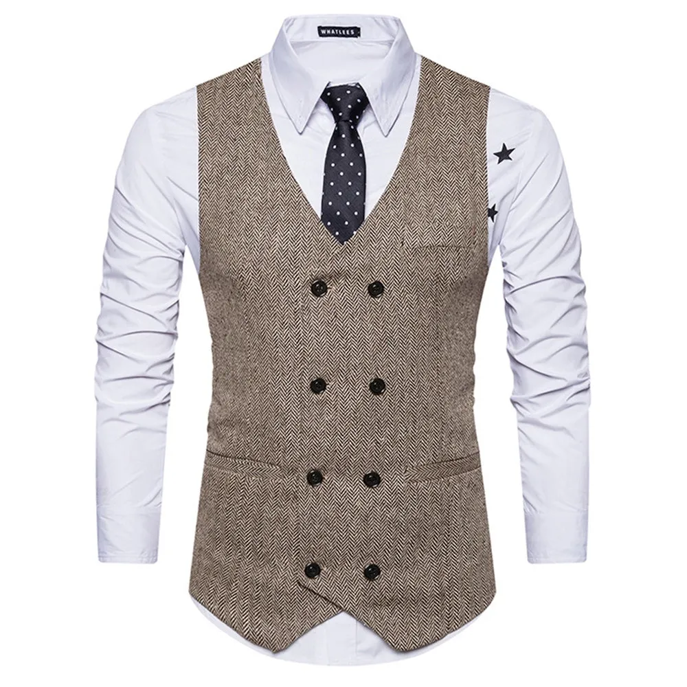 Men's V-neck Double Breasted Belt Design Waistcoat