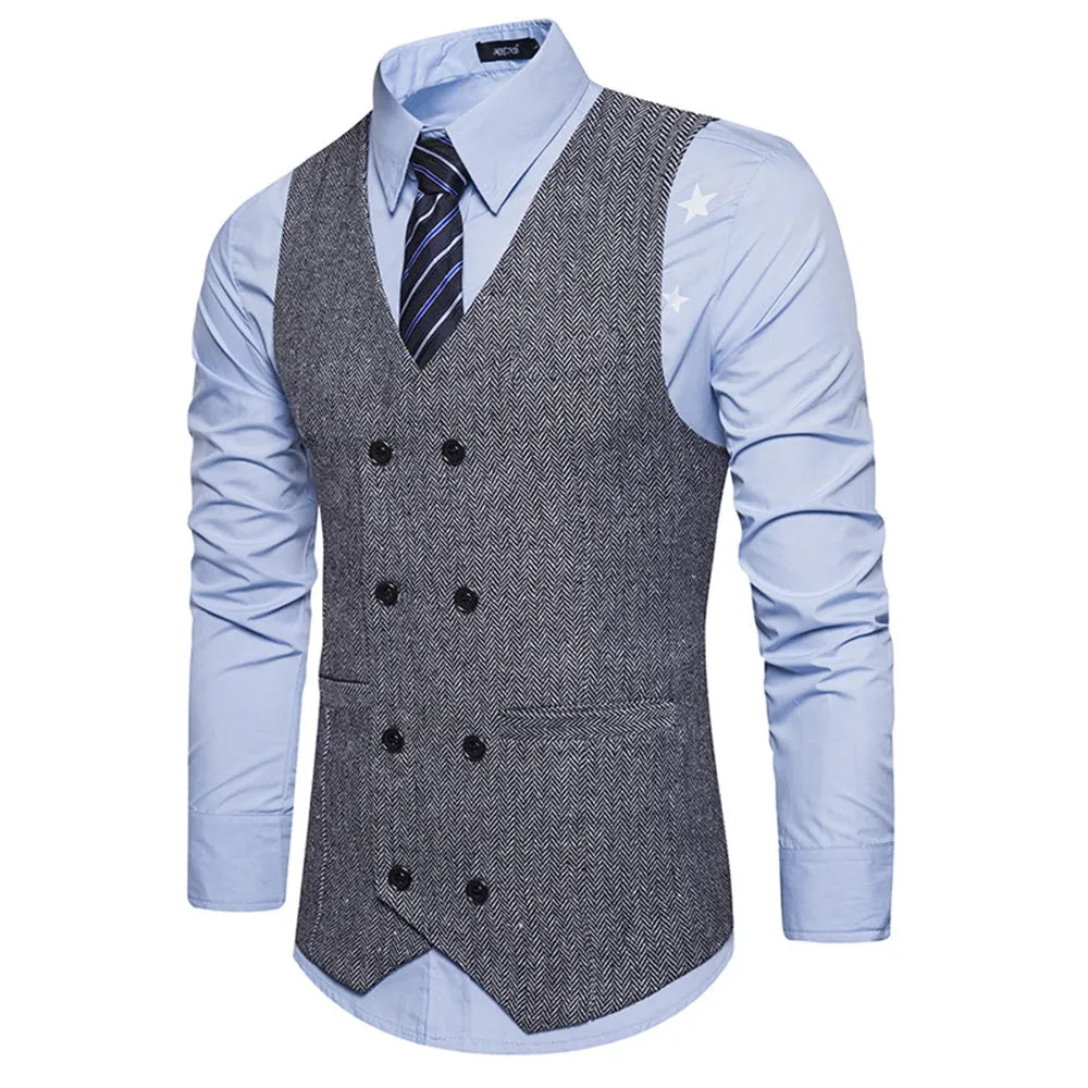 Men's V-neck Double Breasted Belt Design Waistcoat