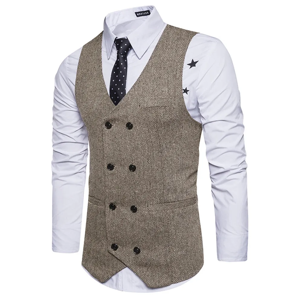 Men's V-neck Double Breasted Belt Design Waistcoat