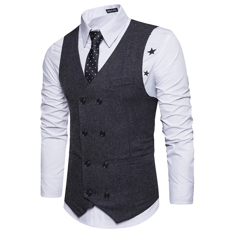 Men's V-neck Double Breasted Belt Design Waistcoat