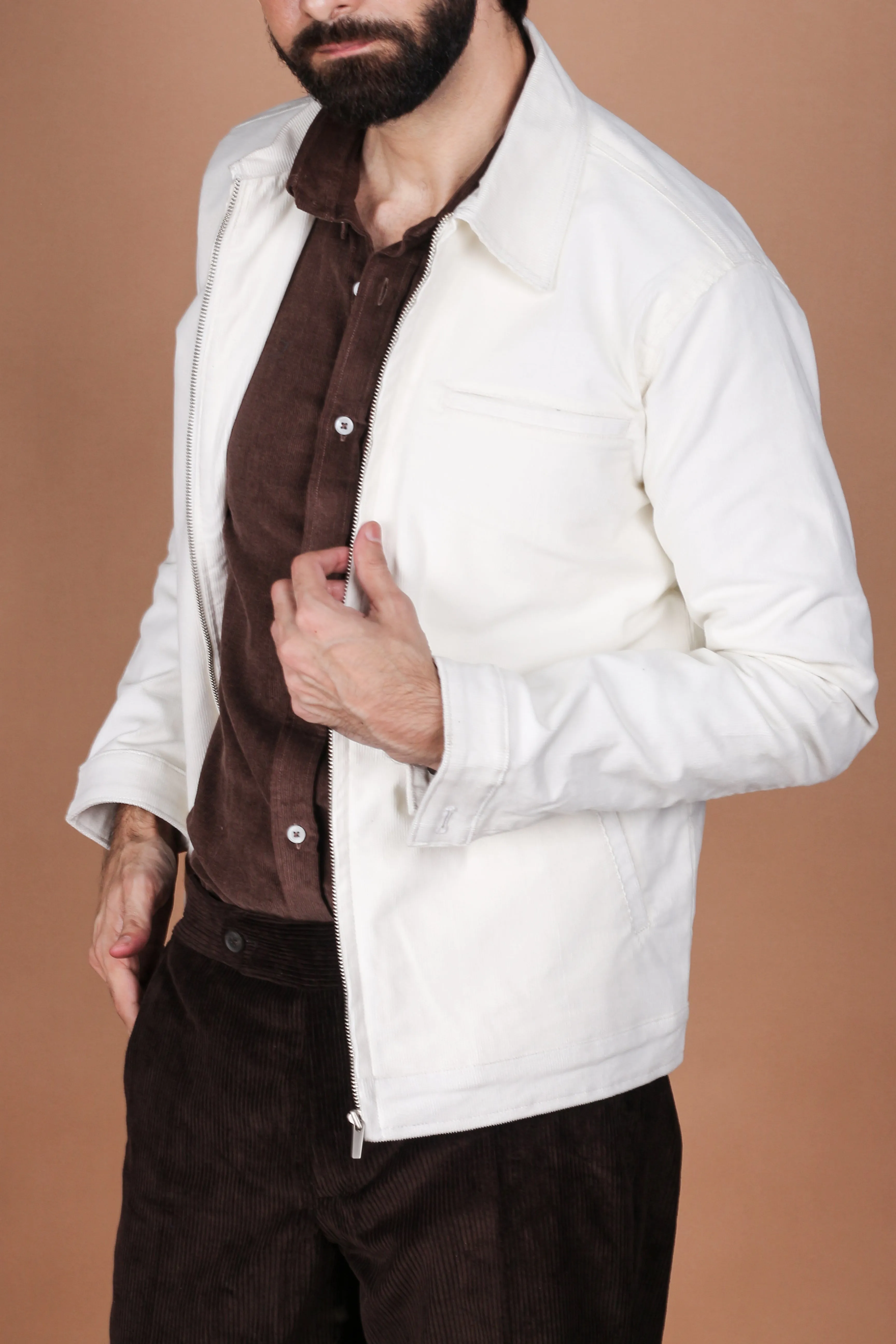 Milky White Corduroy Zipper Jacket