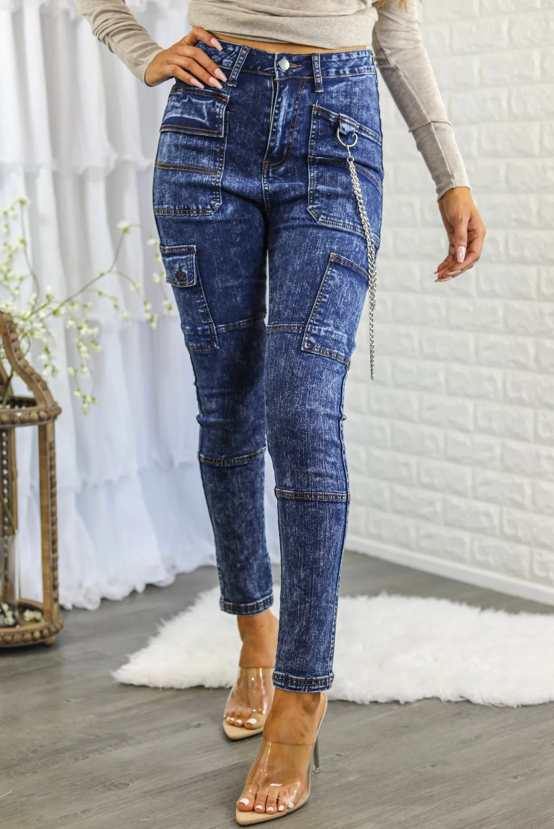 Mineral Wash High Waisted Cargo Style Skinny Jeans