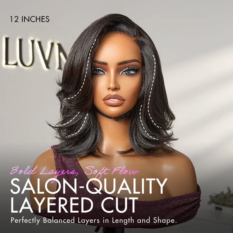 Natural Look Yaki Texture Layered Bangs Bob Wig Glueless Minimalist HD Lace Human Hair Wig Pre-Cut Lace