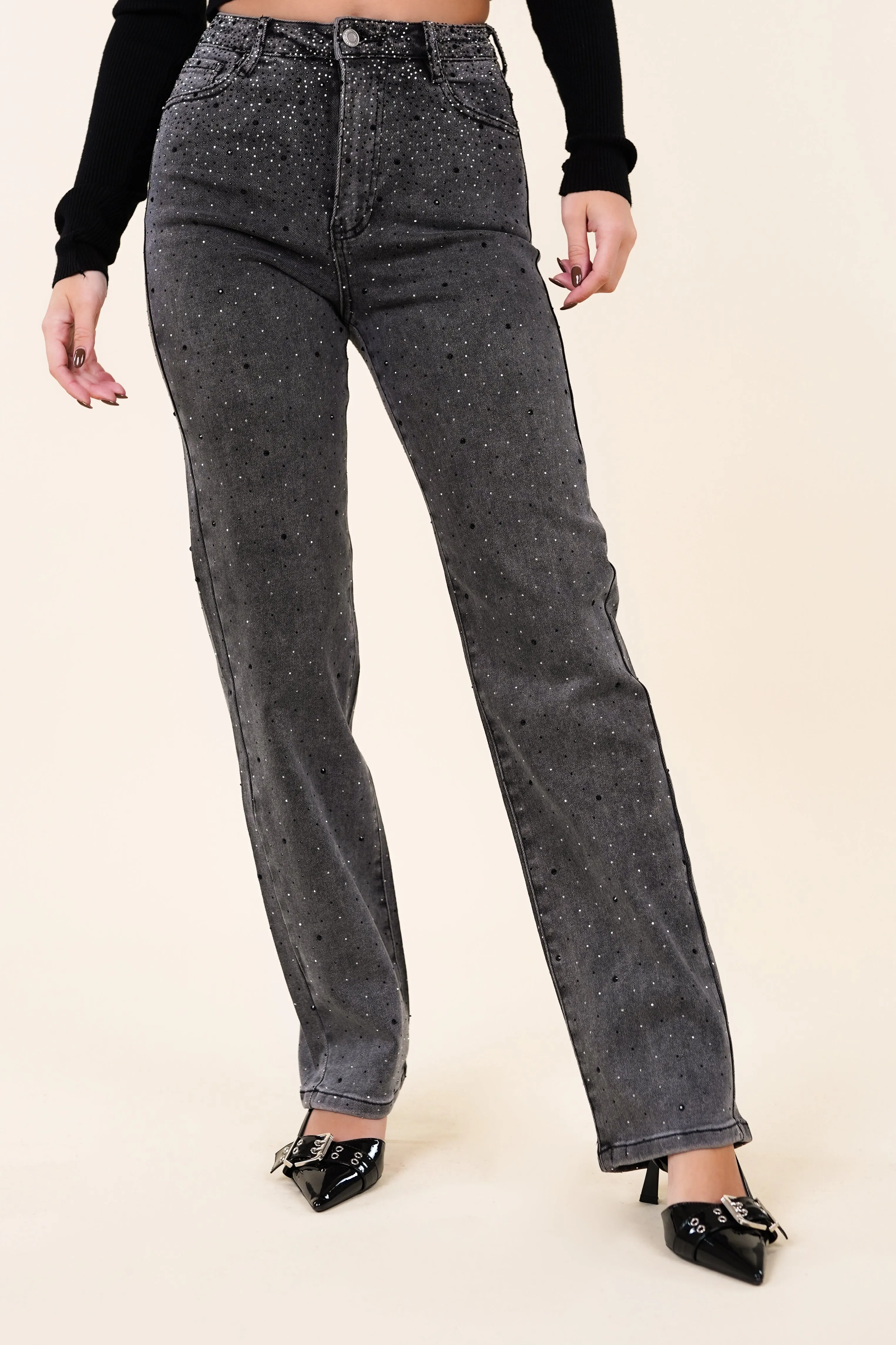 Petite straight leg jeans met strass grijs - Jody