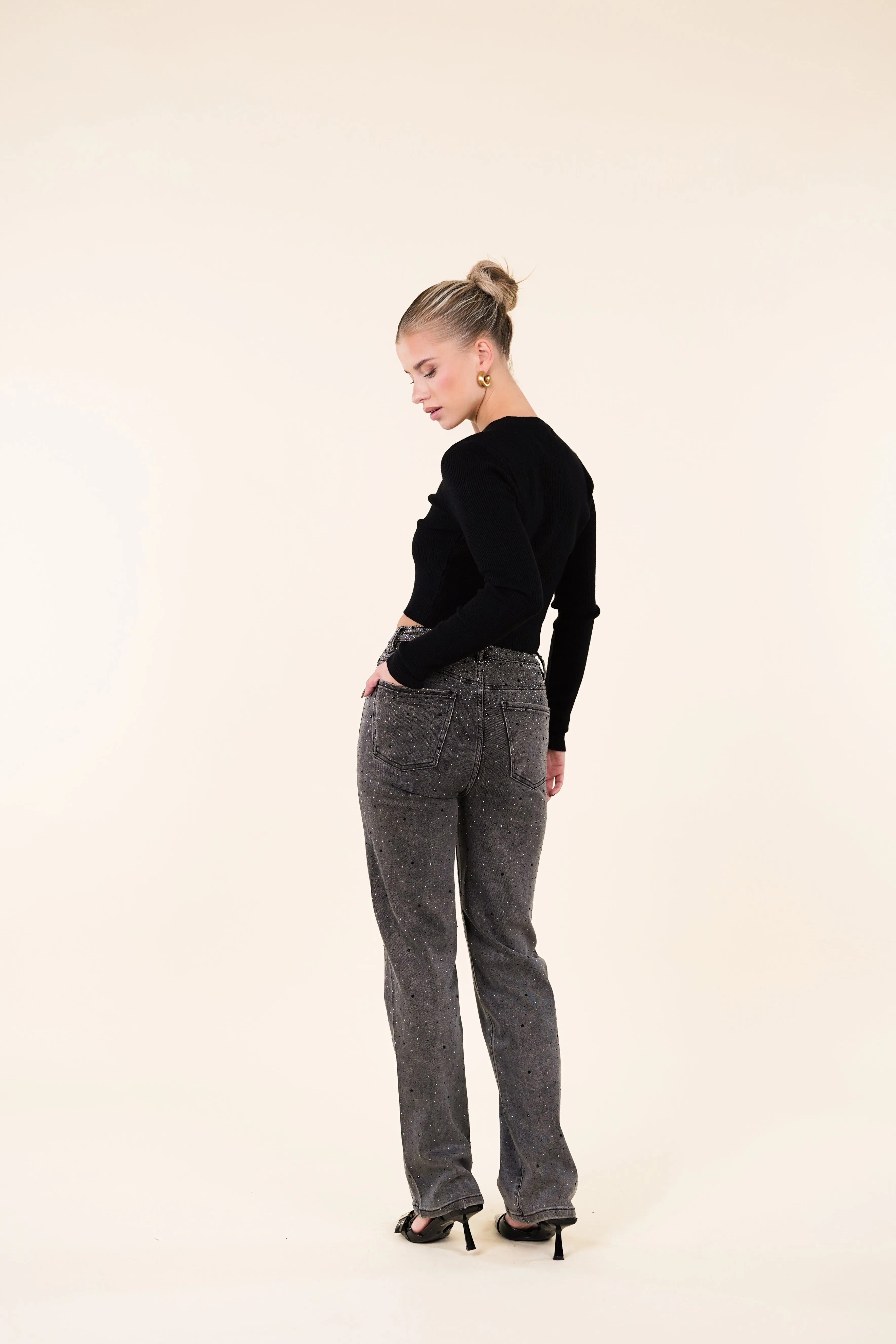 Petite straight leg jeans met strass grijs - Jody