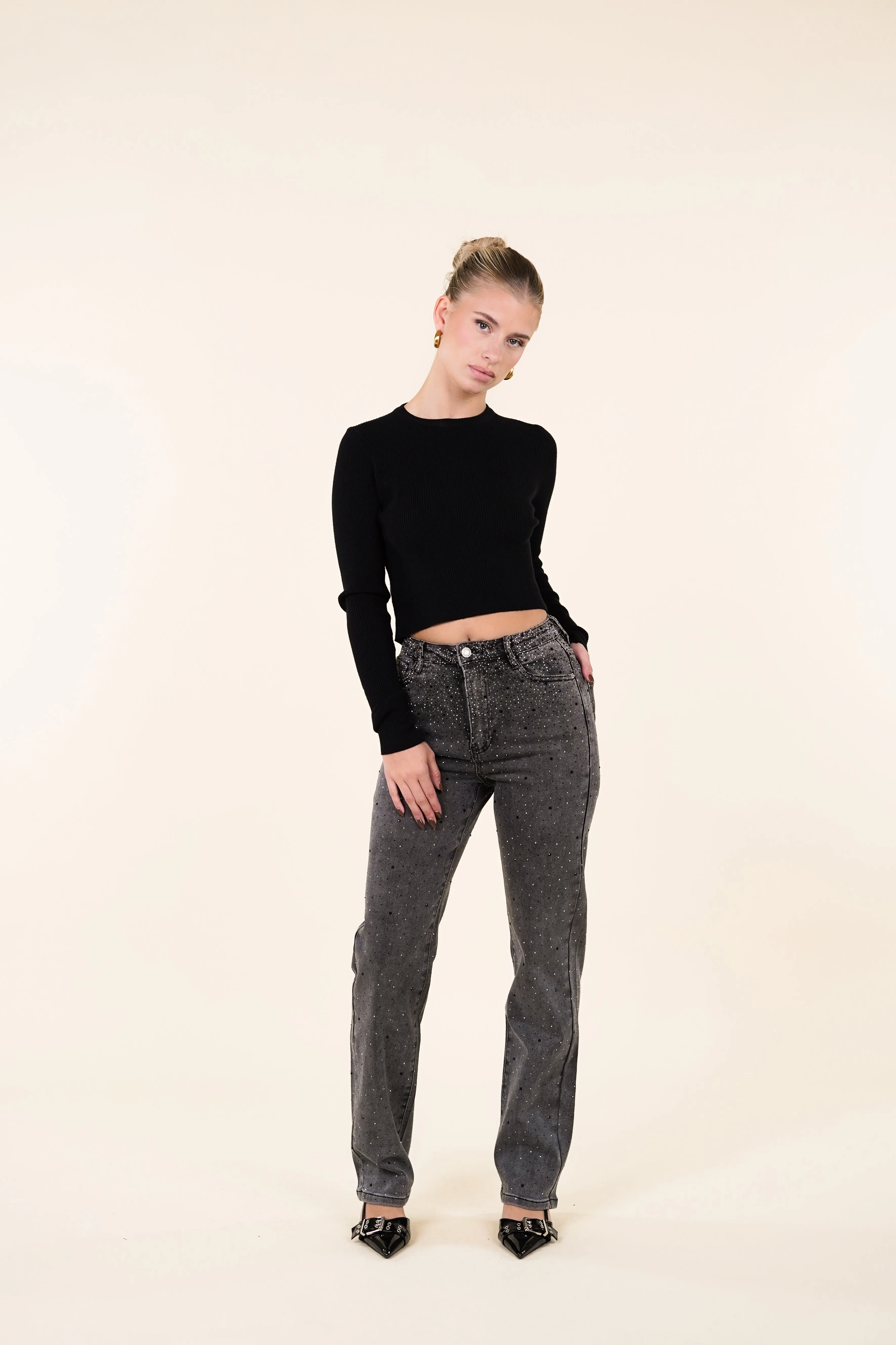 Petite straight leg jeans met strass grijs - Jody