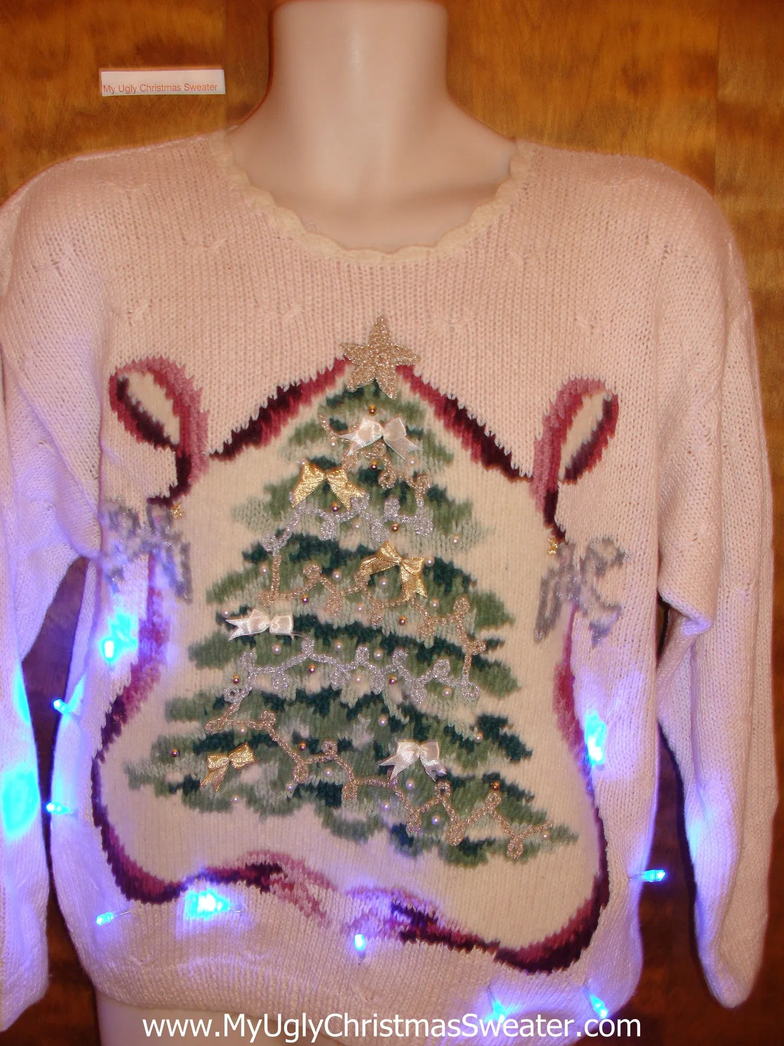 Pink 80s Masterpiece with Tree Light Up Ugly Christmas Jumper