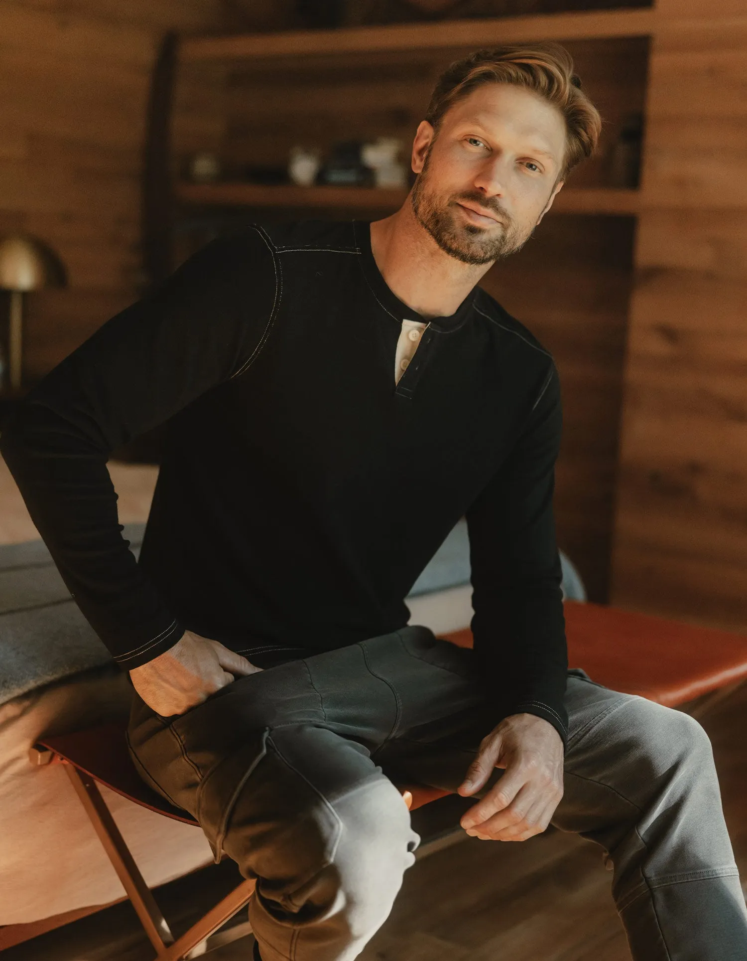 Puremeso Two Button Henley in Black