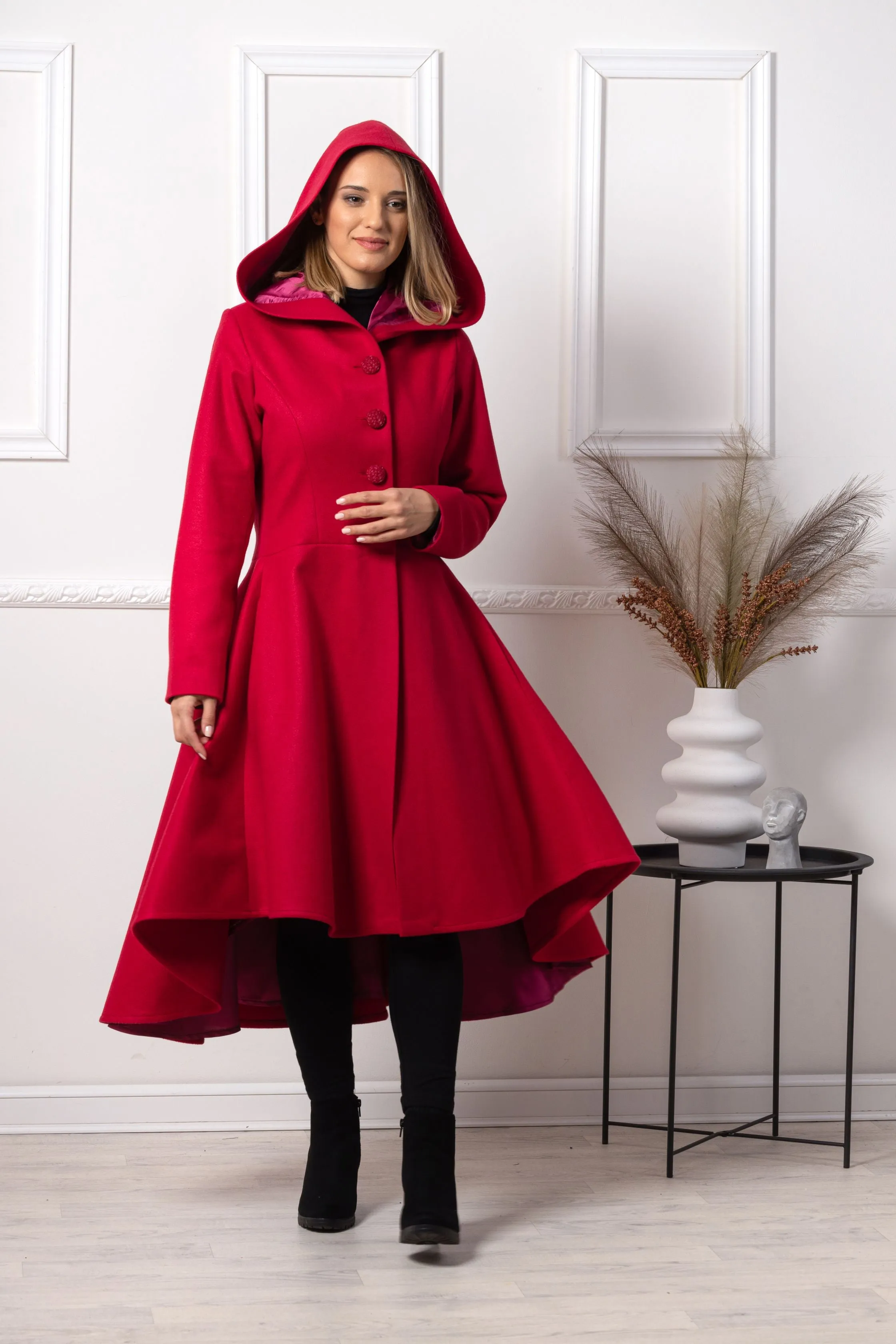 Raspberry Hooded Asymmetric Coat