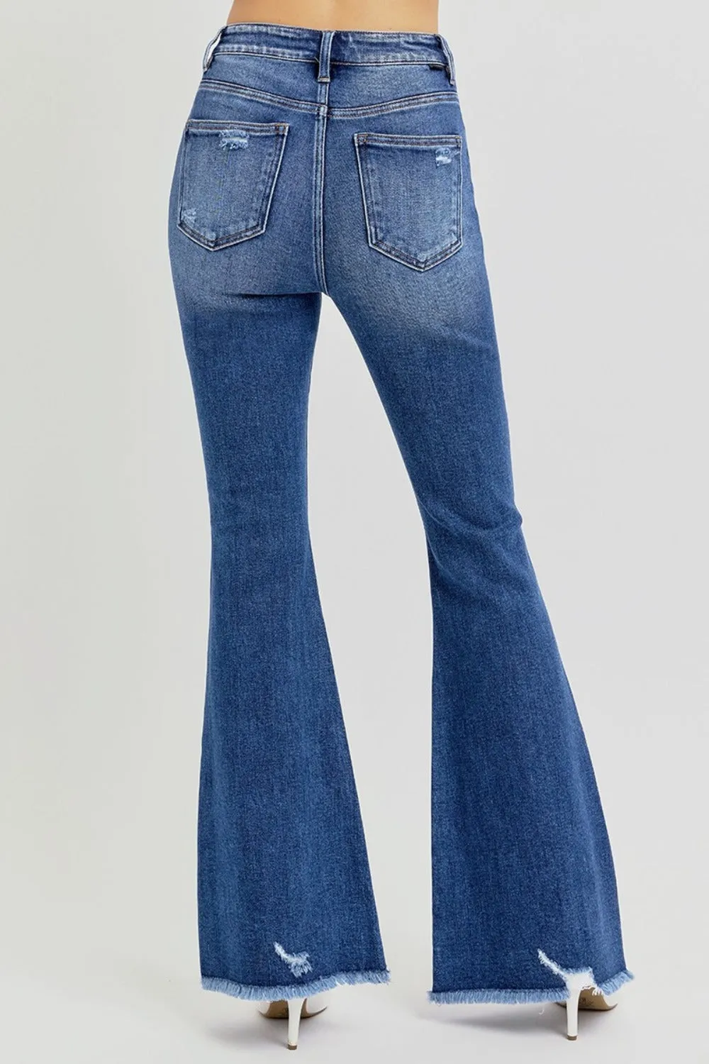 RISEN Full Size High Rise Distressed Raw Hem Flare Jeans |Women's Jeans