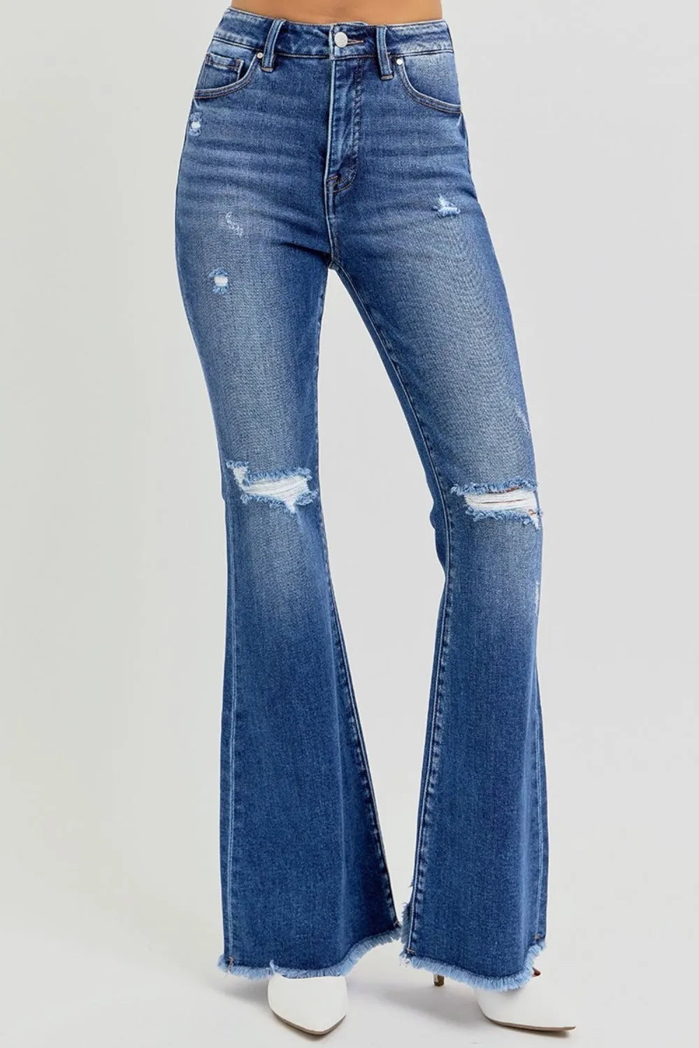 RISEN Full Size High Rise Distressed Raw Hem Flare Jeans |Women's Jeans