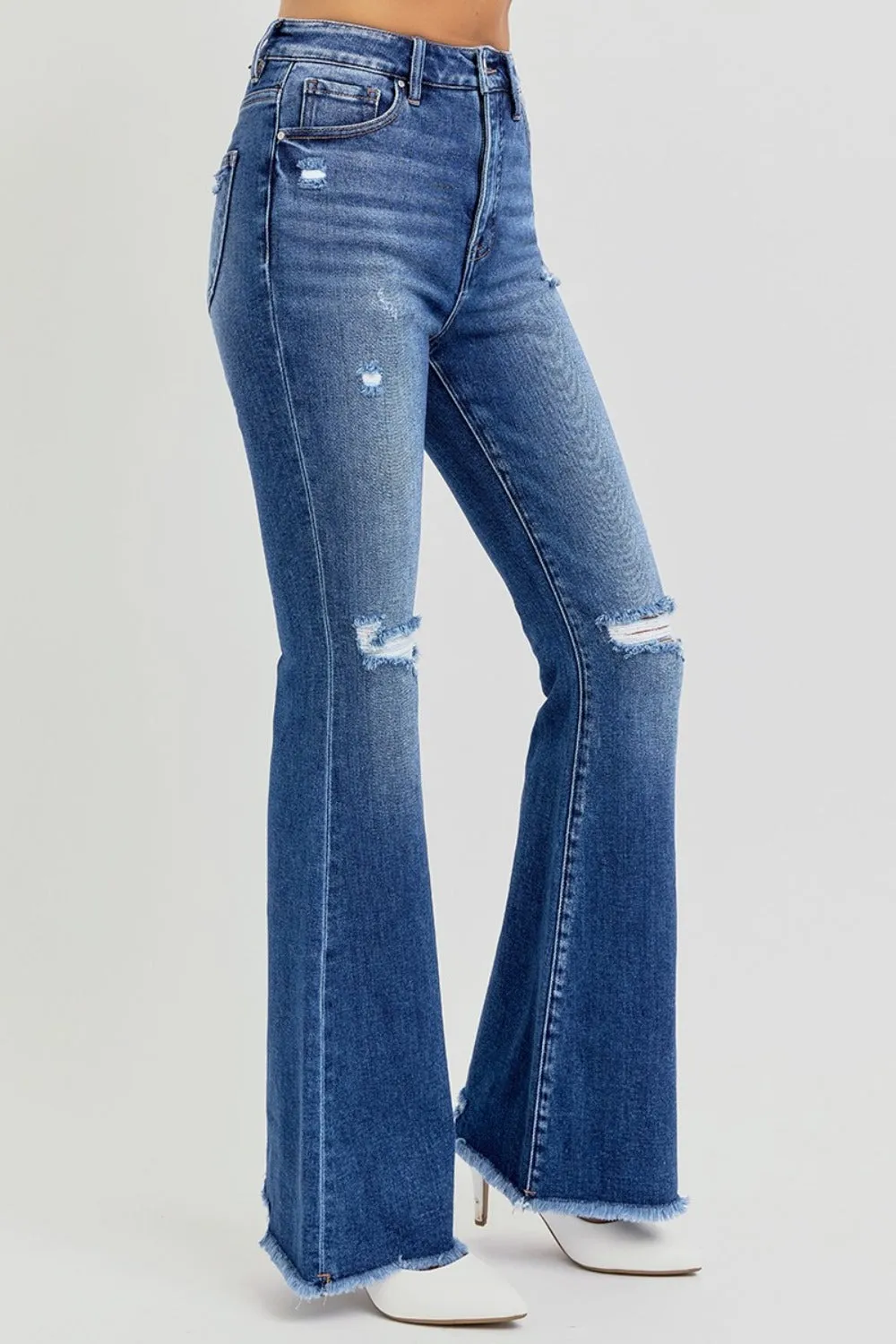 RISEN Full Size High Rise Distressed Raw Hem Flare Jeans |Women's Jeans