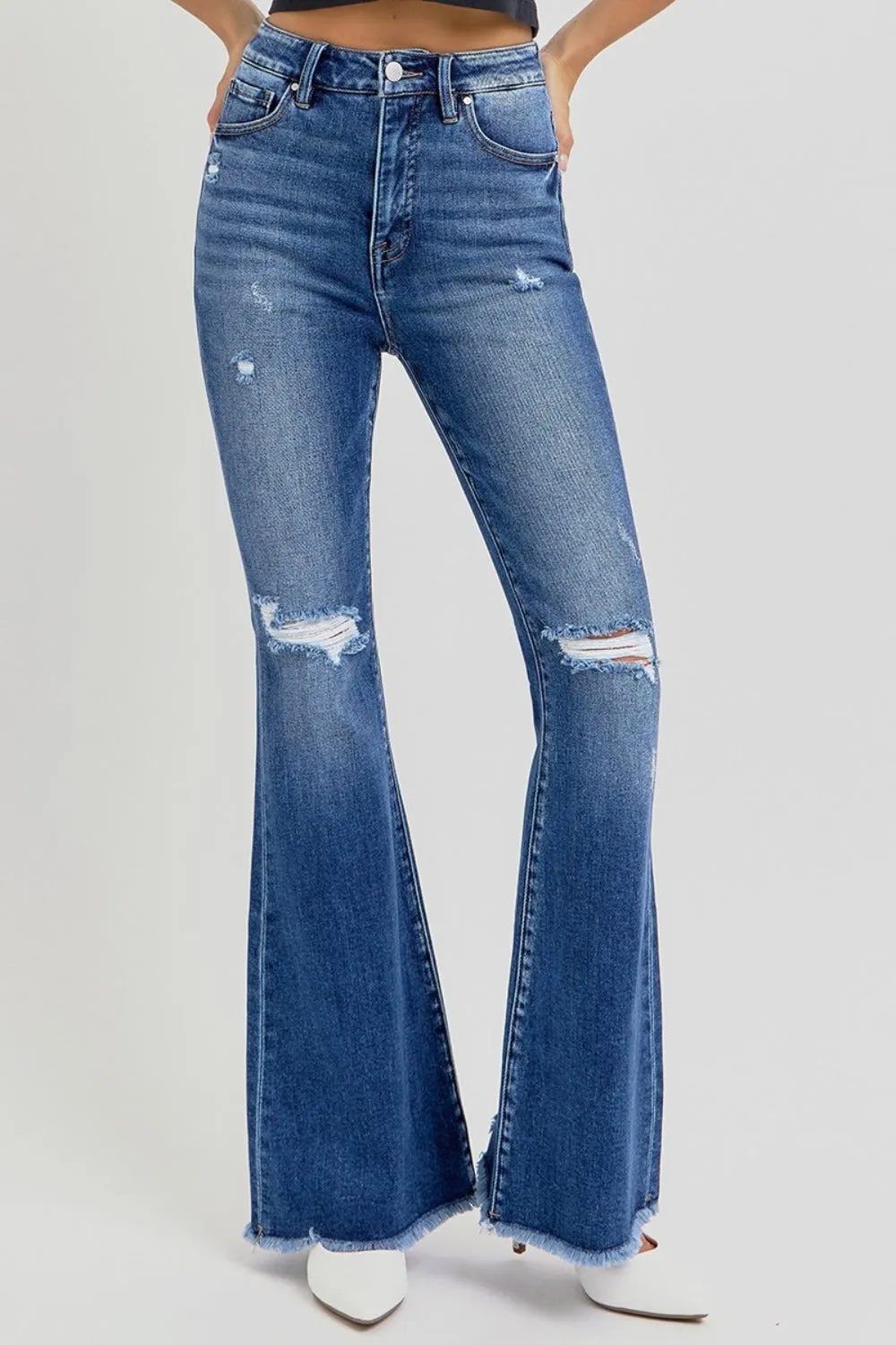 RISEN Full Size High Rise Distressed Raw Hem Flare Jeans |Women's Jeans